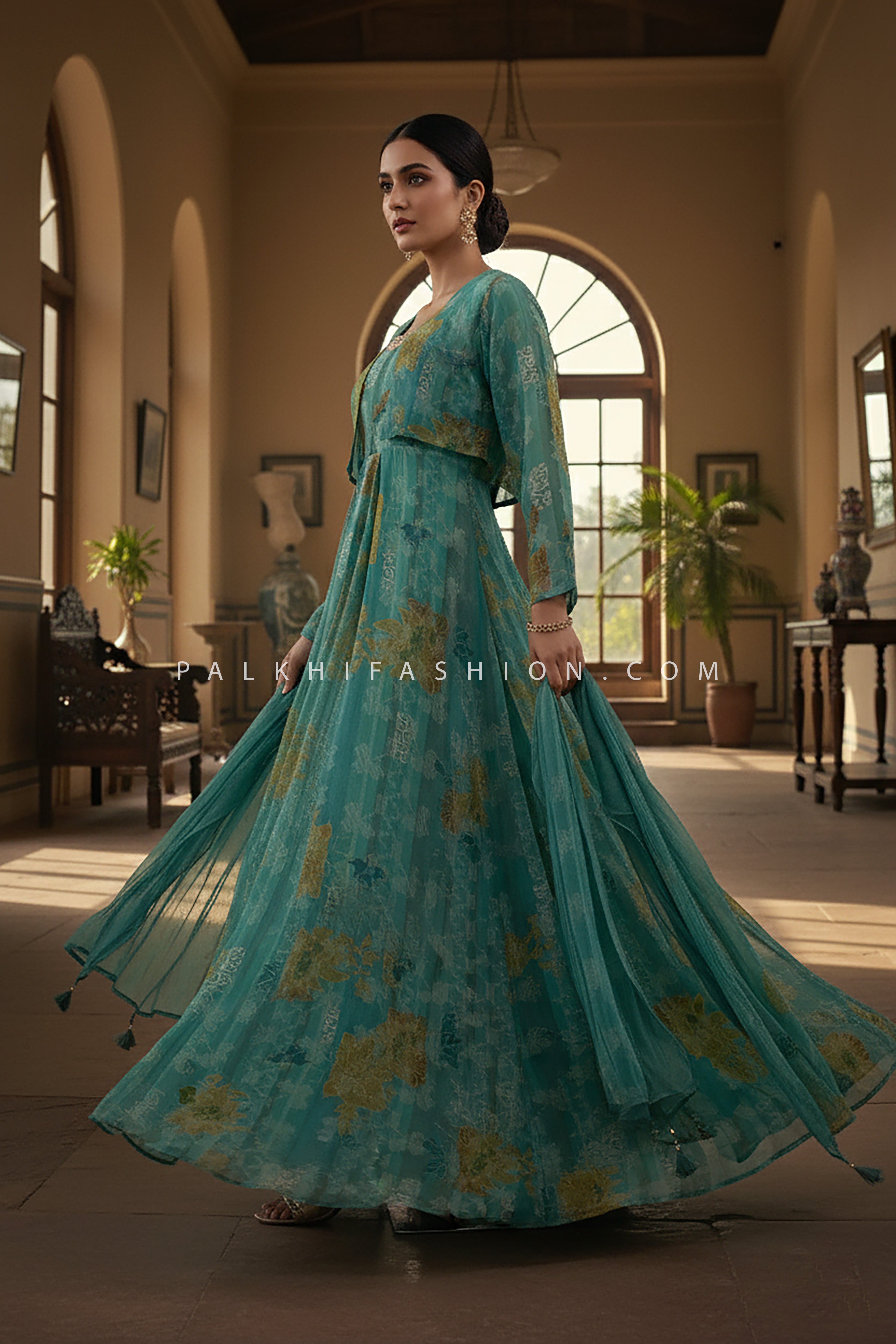 💚 Breeze of Teal: Teal Green Anarkali Outfit with Jacket & Dupatta – Palkhi Fashion