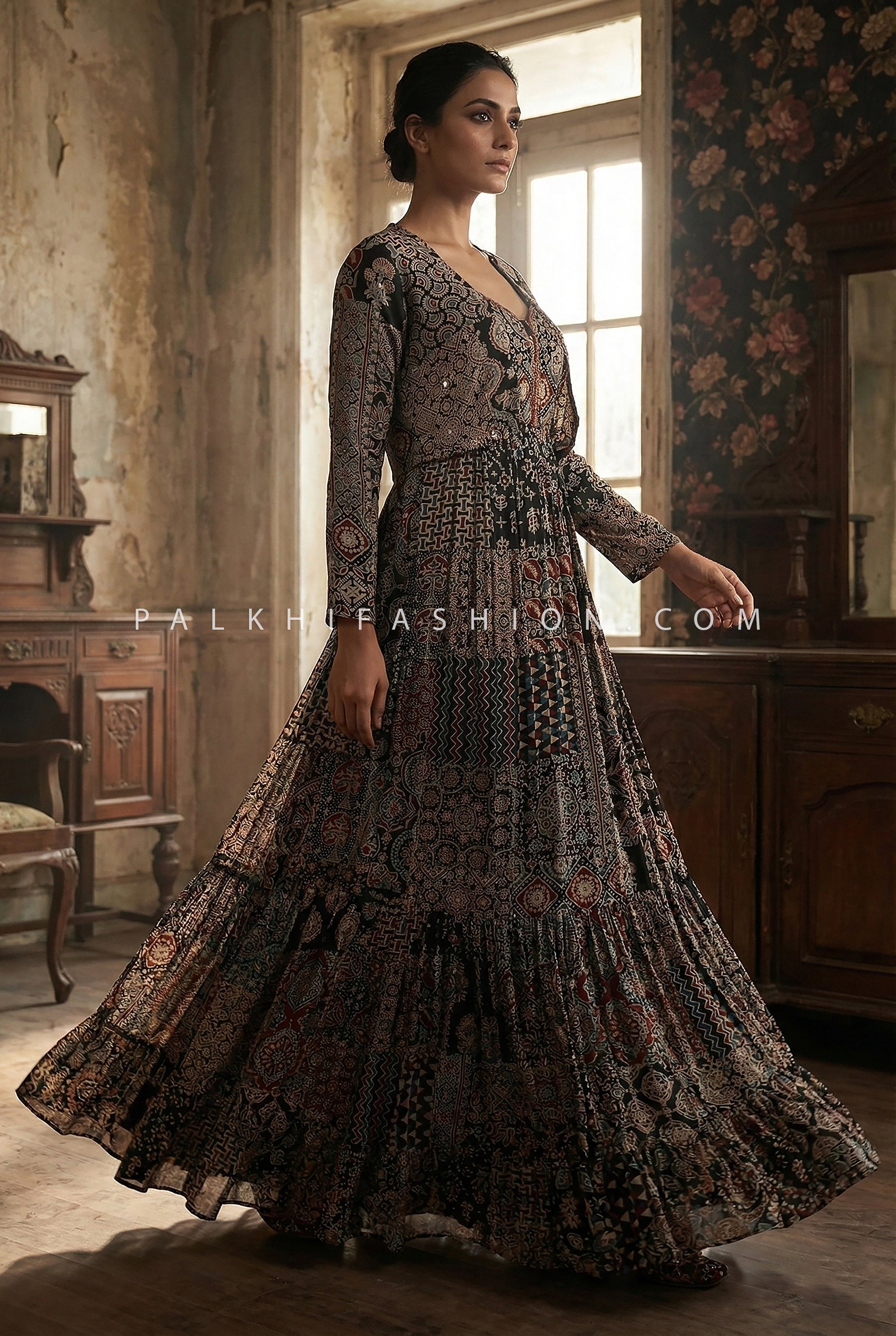 Ajarakh Twirl: Black Soft Silk Indian Outfit with Ajarakh Work – Palkhi Fashion