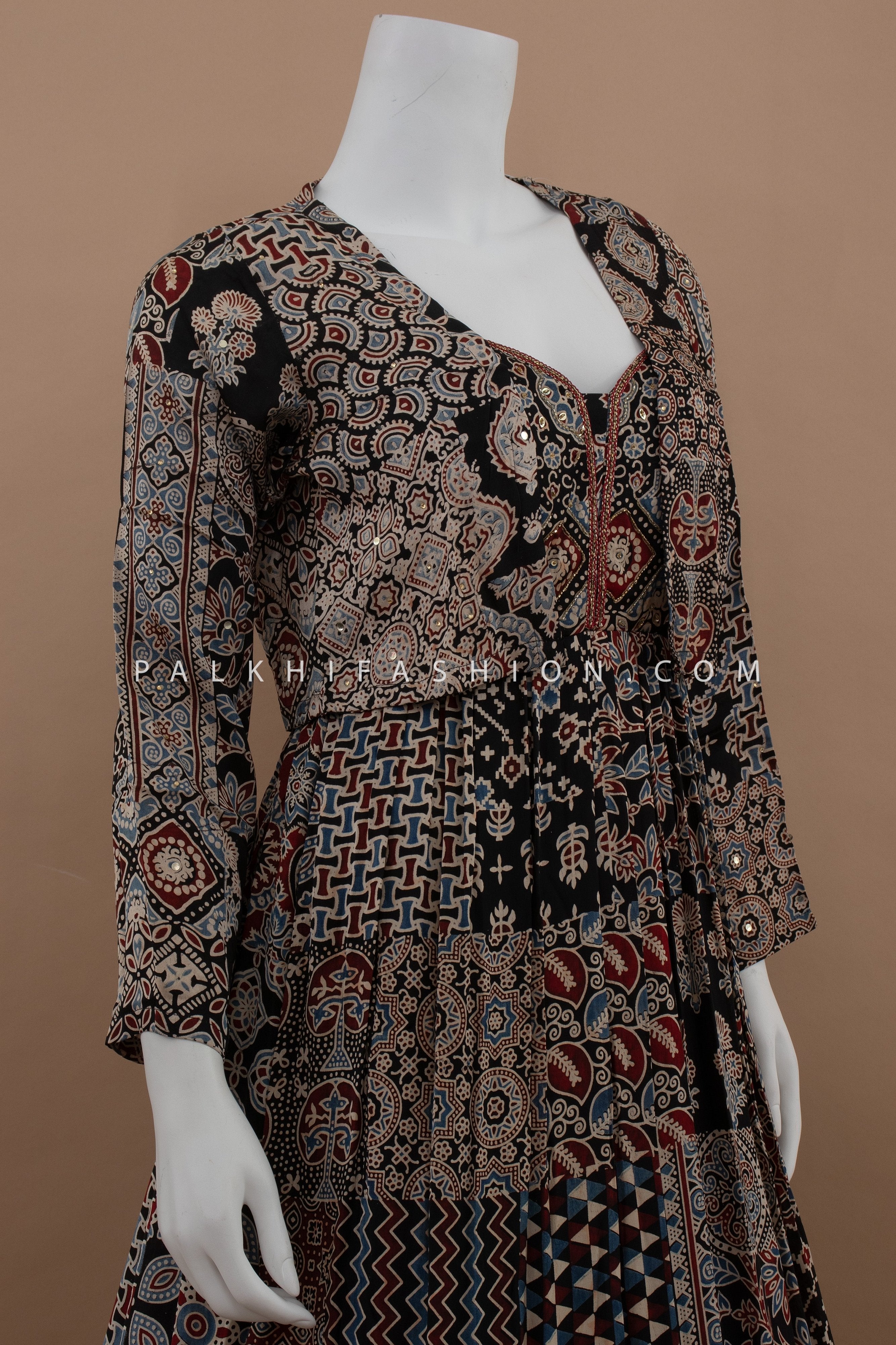 Ajarakh Twirl: Black Soft Silk Indian Outfit with Ajarakh Work – Palkhi Fashion