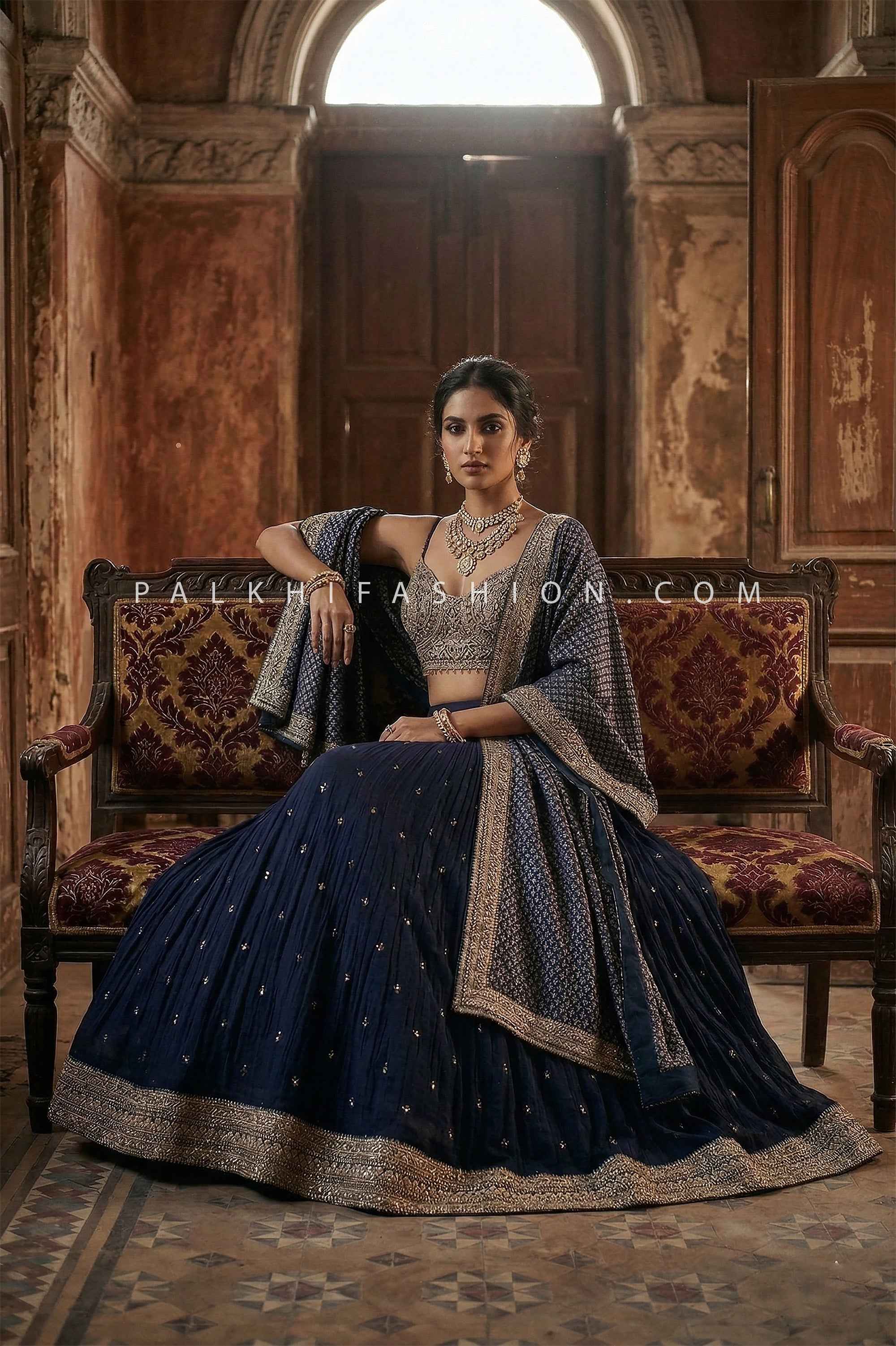 navy blue dress with dupatta Navy Blue Ajrakh Dupatta Designer Lehenga