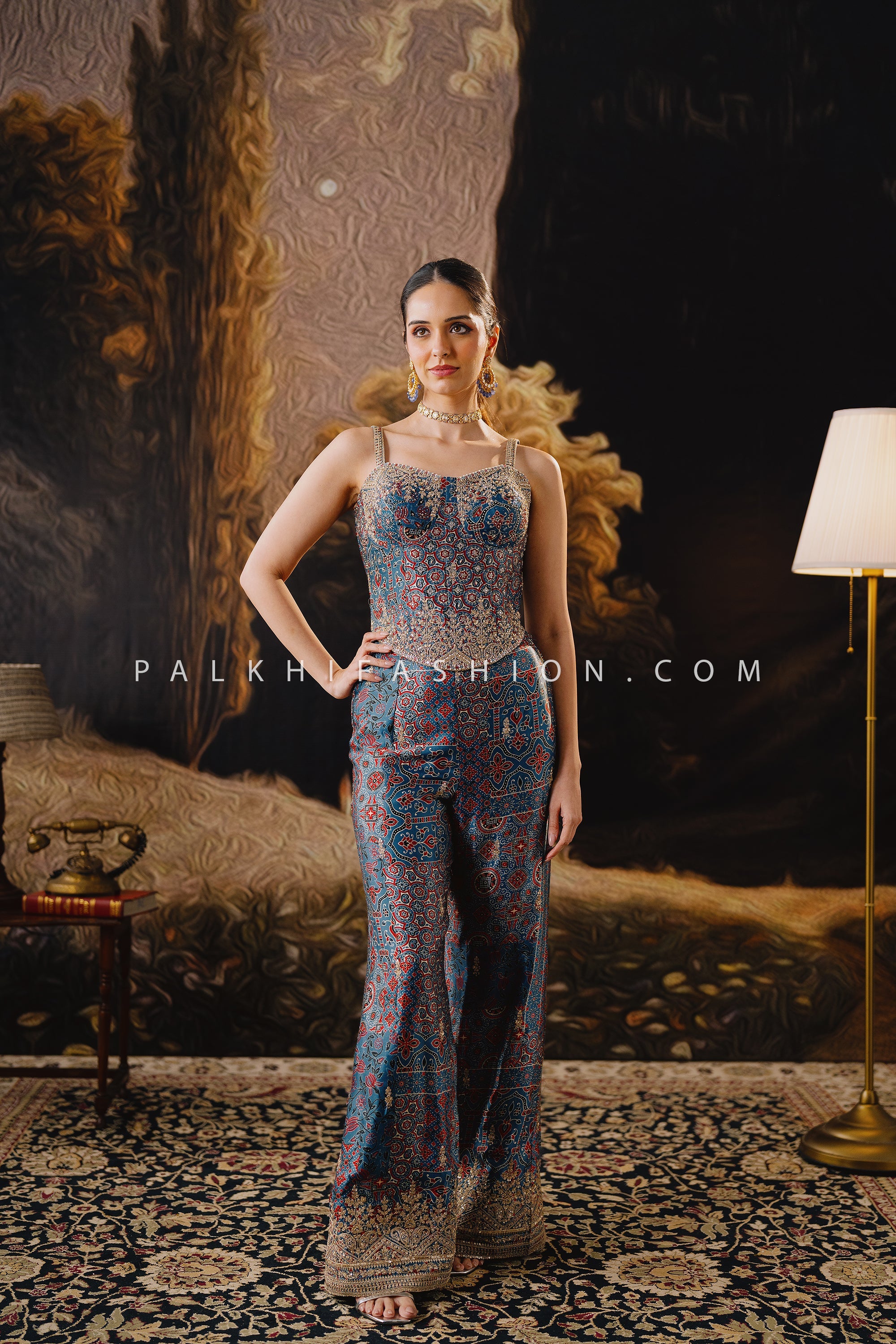 Ajrakh Royale: Hand - Embroidered Corset Palazzo Set – Palkhi Fashion