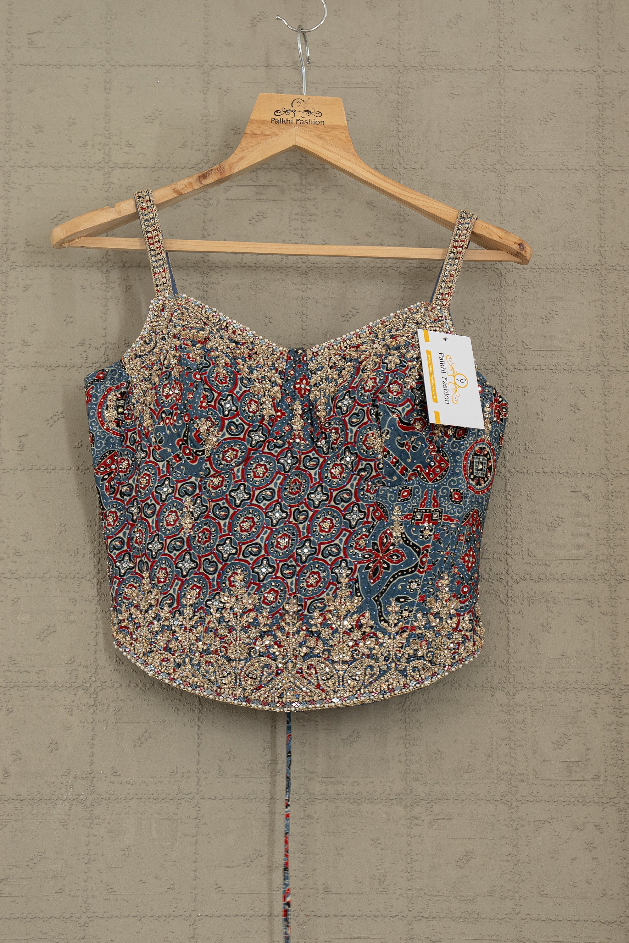 Ajrakh Royale: Hand - Embroidered Corset Palazzo Set – Palkhi Fashion