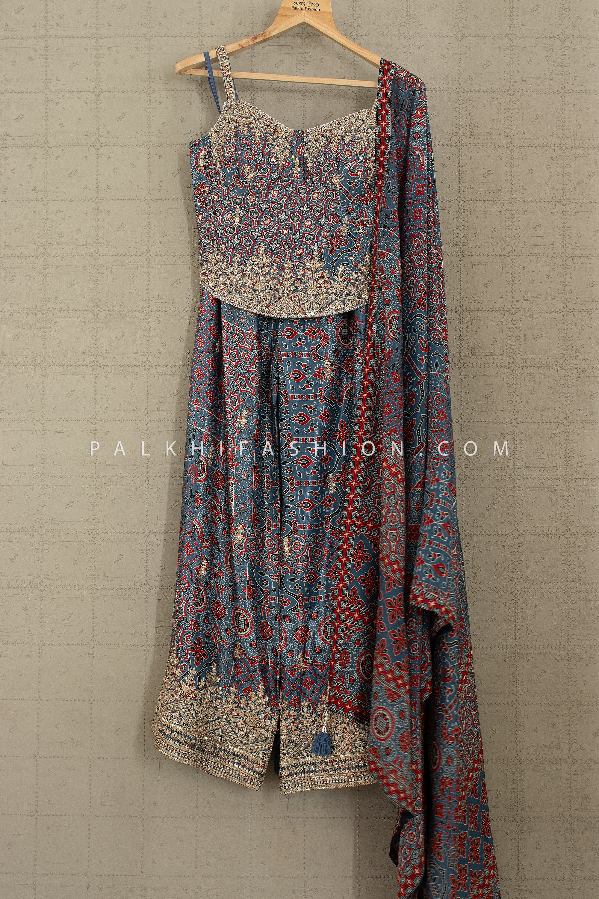 Ajrakh Royale: Hand - Embroidered Corset Palazzo Set – Palkhi Fashion