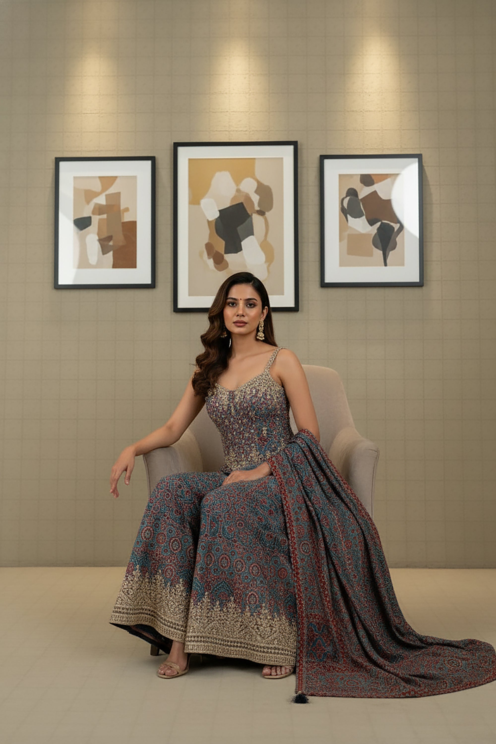 Ajrakh Royale: Hand - Embroidered Corset Palazzo Set – Palkhi Fashion