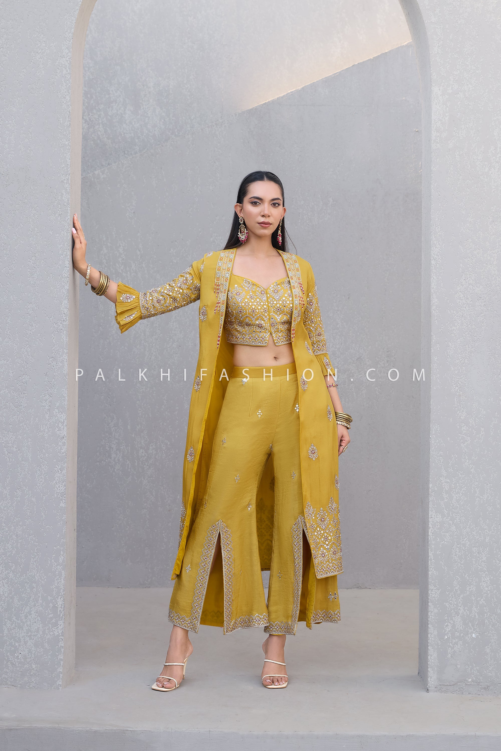 Alpine Sunshine: Hand - Embroidered Crop Top Jacket & Palazzo Set – Palkhi Fashion