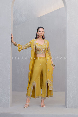 Alpine Sunshine: Hand - Embroidered Crop Top Jacket & Palazzo Set – Palkhi Fashion