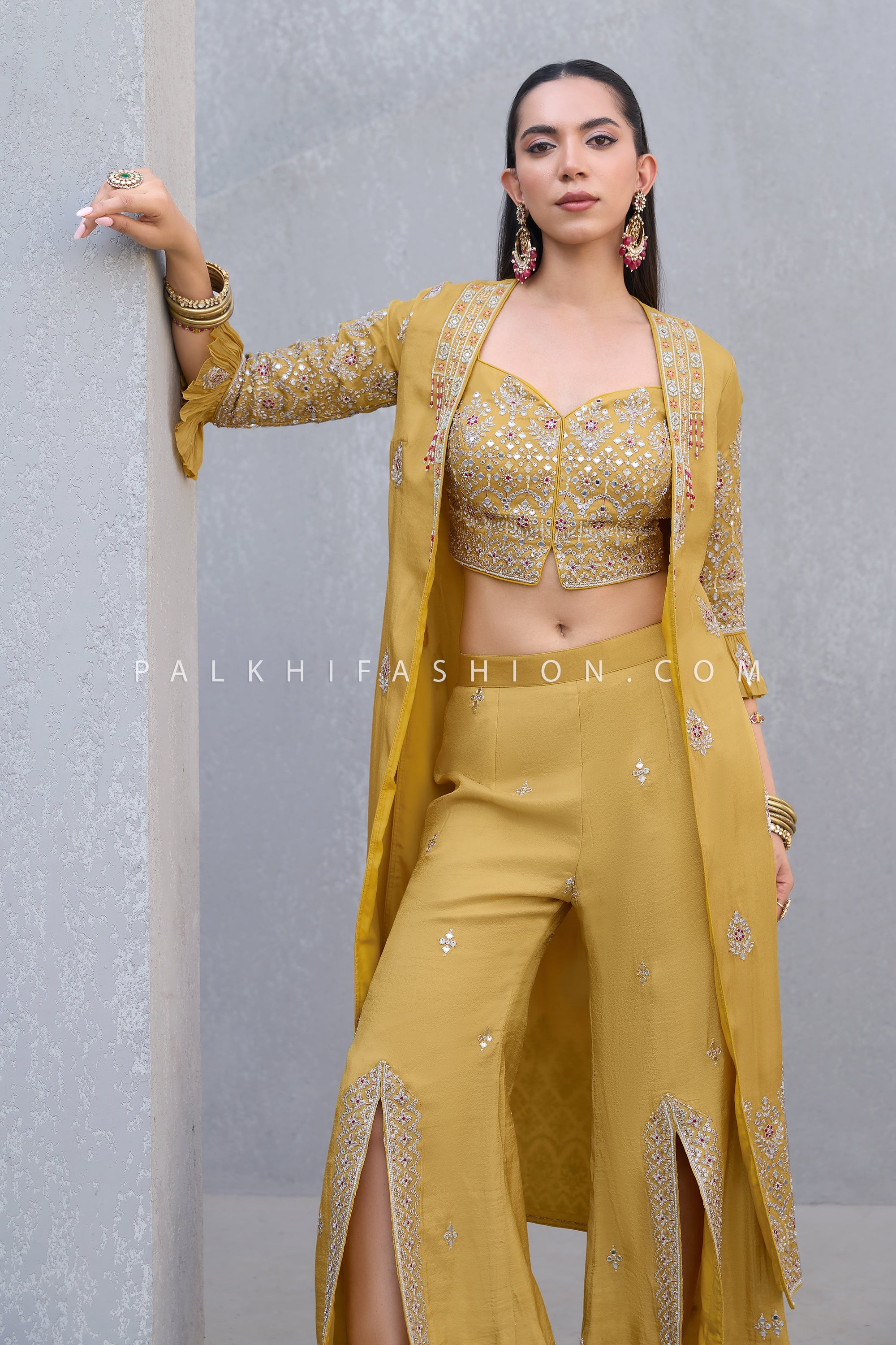 Alpine Sunshine: Hand - Embroidered Crop Top Jacket & Palazzo Set – Palkhi Fashion