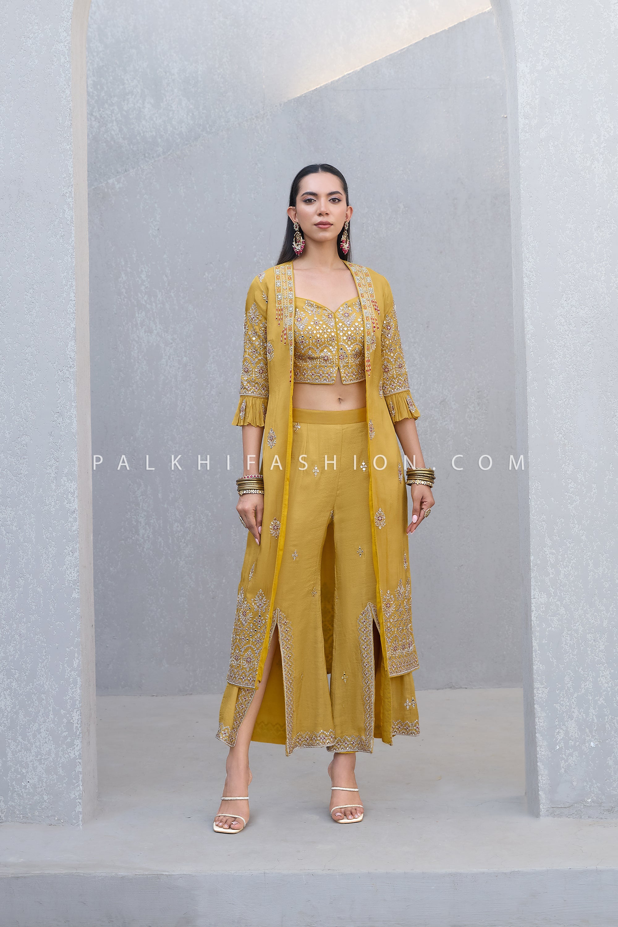 Alpine Sunshine: Hand - Embroidered Crop Top Jacket & Palazzo Set – Palkhi Fashion