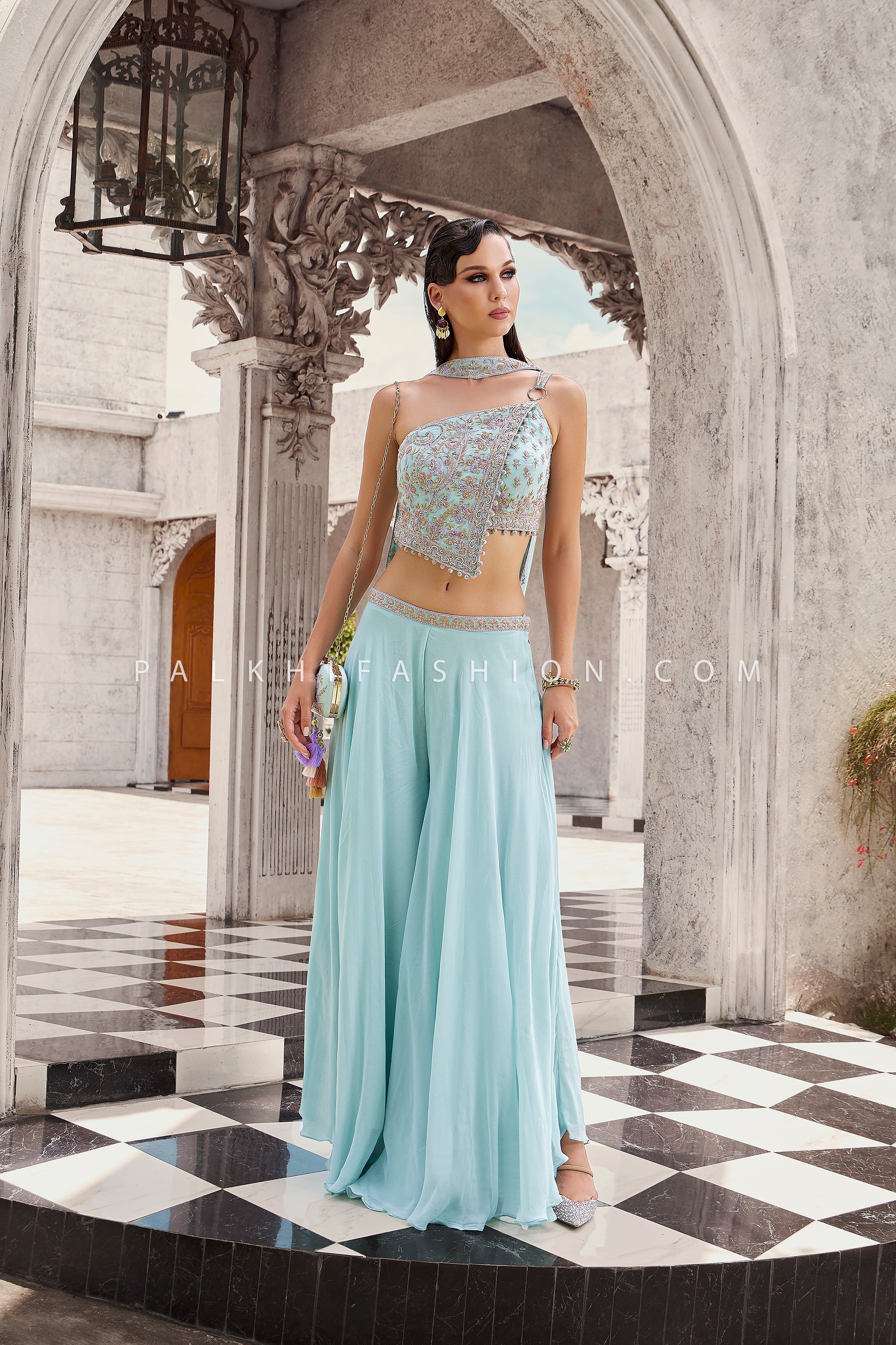 Aqua Enchantress: Designer One - Shoulder Handwork Top with Palazzo Pants