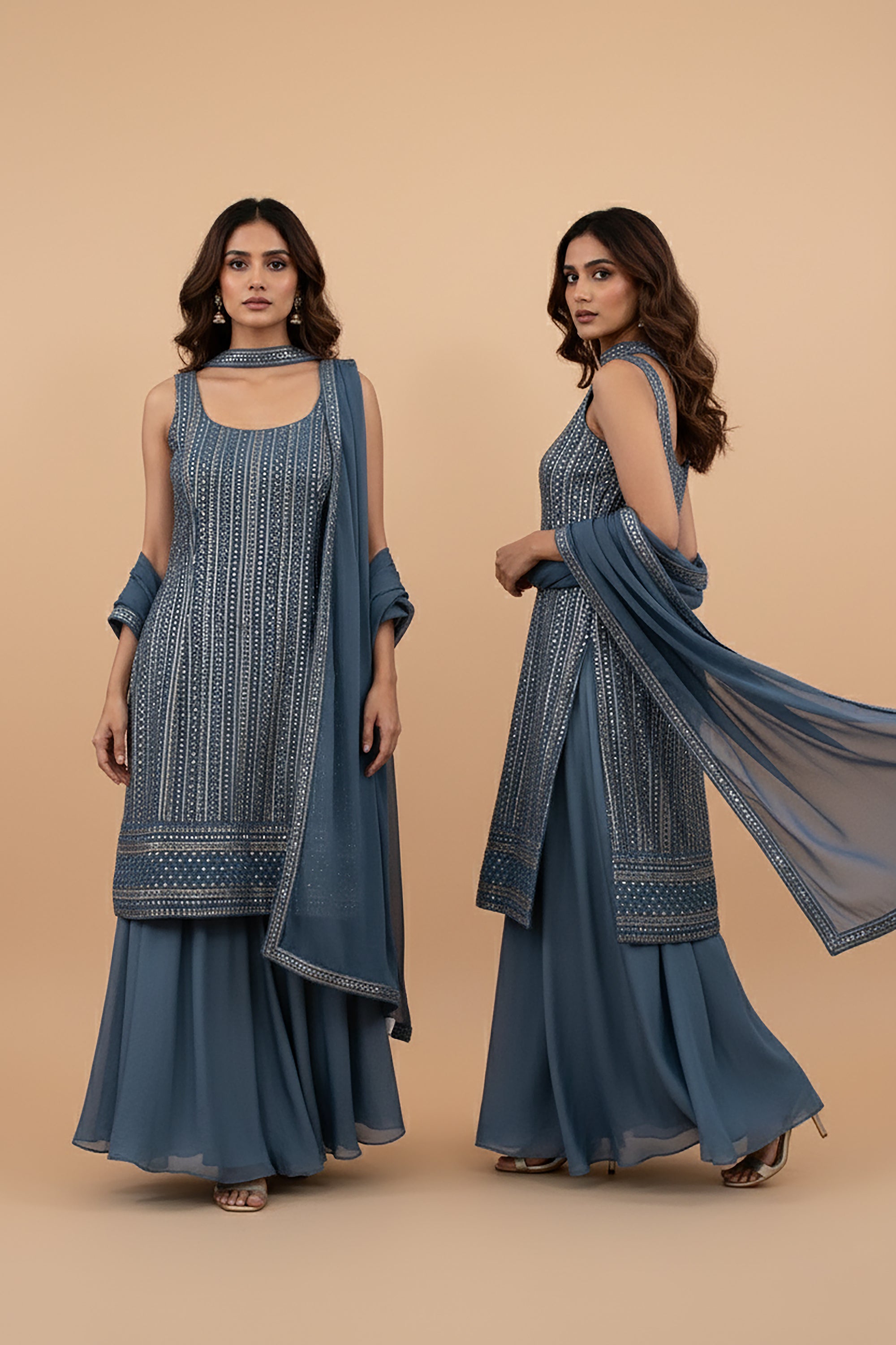 Artisanal Sequin Embellished Palazzo Outfit in Dusk Blue – Palkhi Fashion