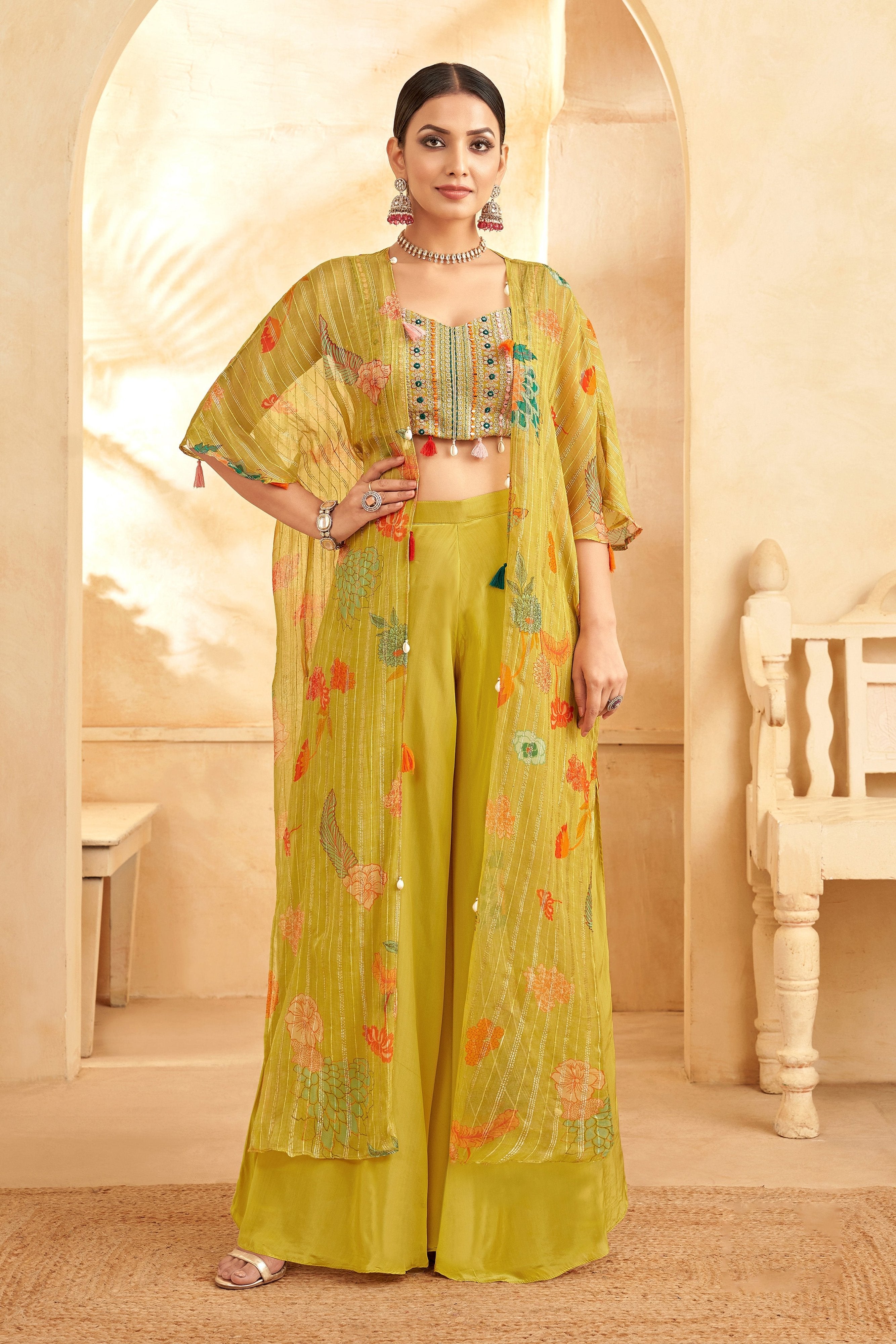 Attractive Crop Top Palazzo Outfit With Multicolor Shrug