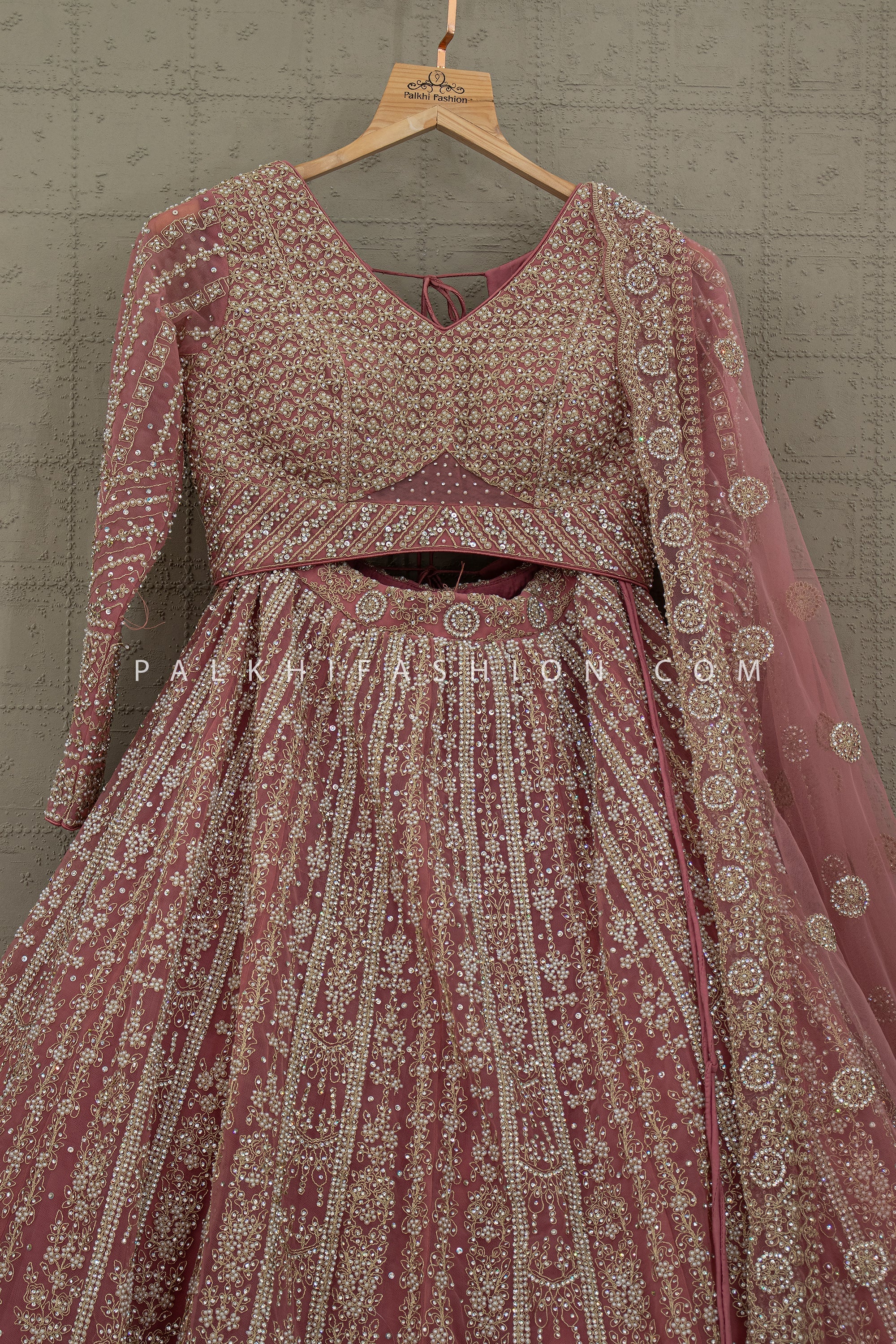 Aurelia Rose — Rose Gold Designer Lehenga with Pearl & Stone Handwork | Palkhi Fashion