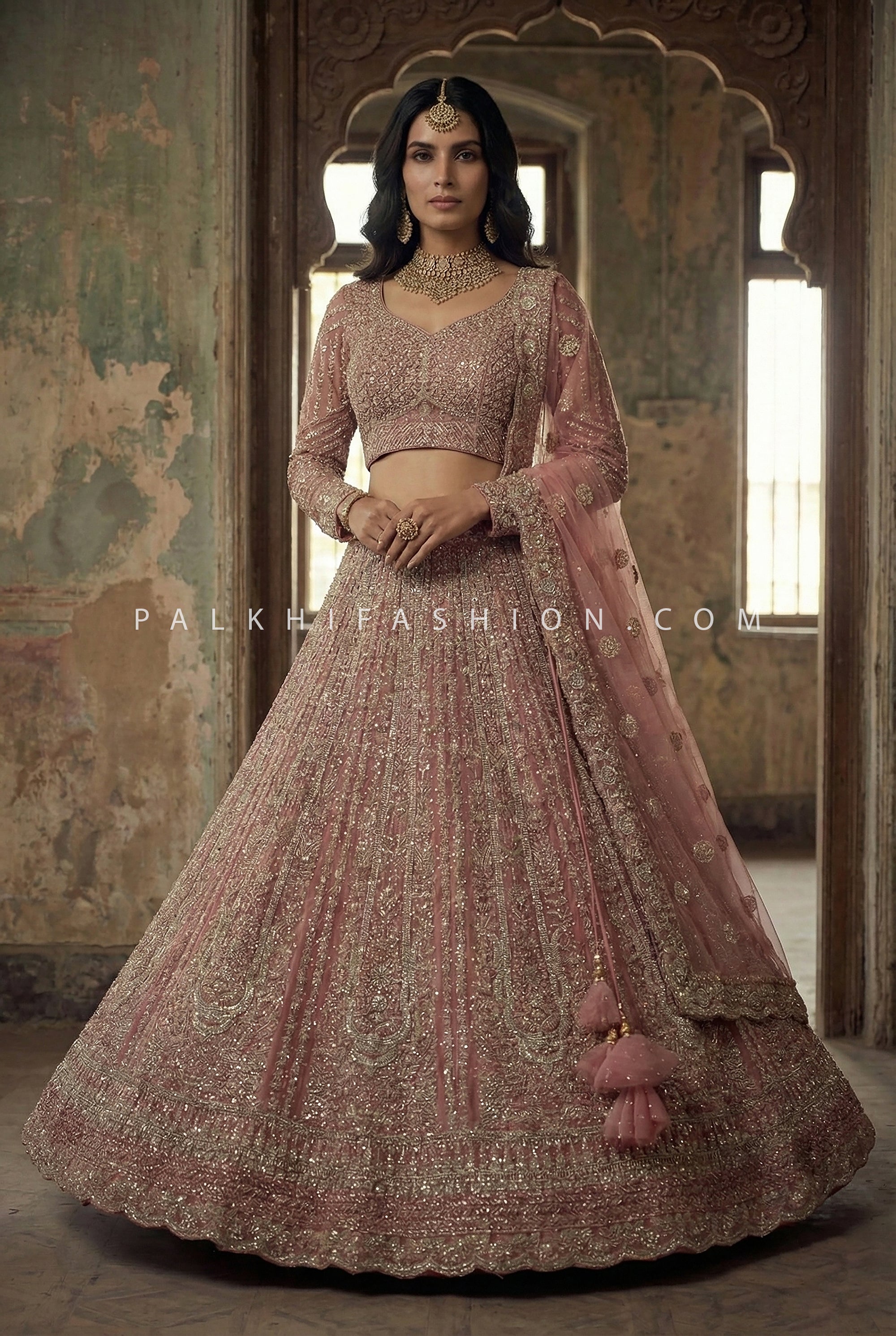 Aurelia Rose — Rose Gold Designer Lehenga with Pearl & Stone Handwork | Palkhi Fashion