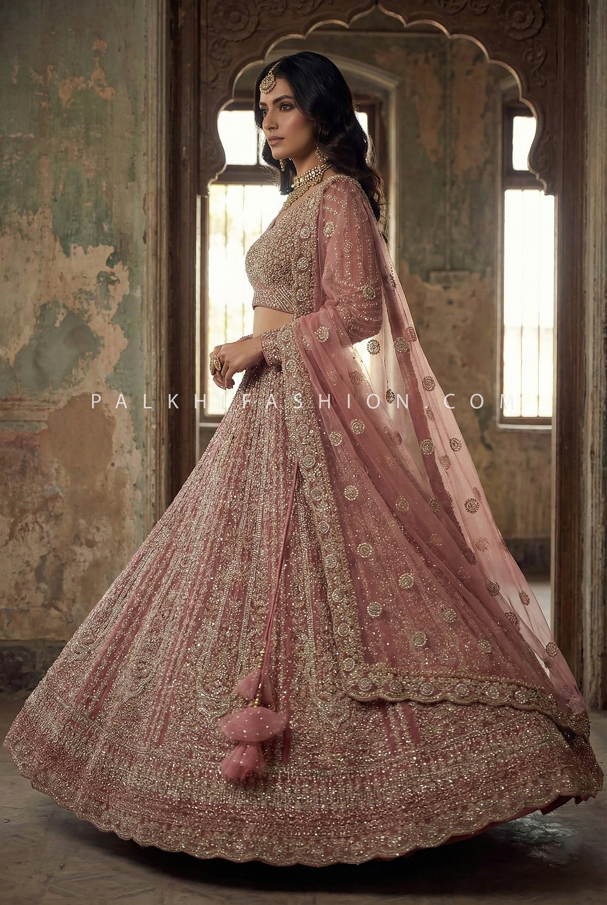 Aurelia Rose — Rose Gold Designer Lehenga with Pearl & Stone Handwork | Palkhi Fashion