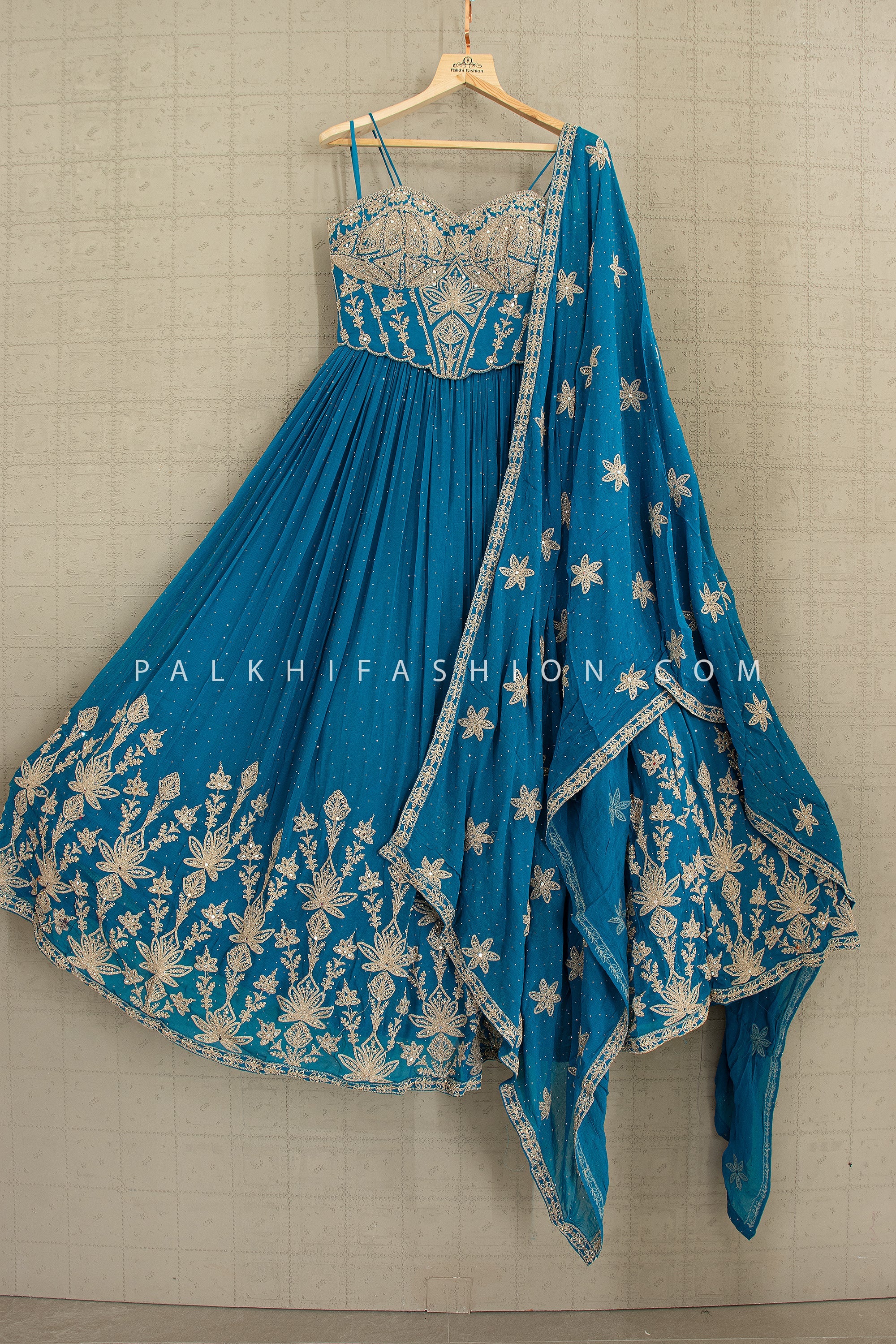 🌊 Azure Allure: Venise Blue Embroidered Corset Lehenga Choli – Palkhi Fashion