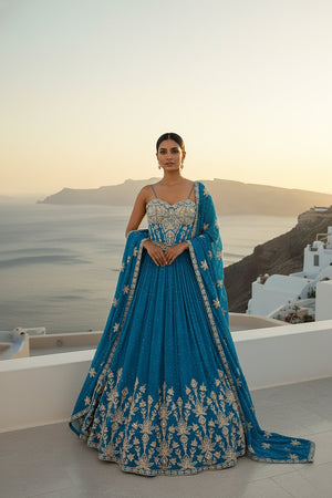 🌊 Azure Allure: Venise Blue Embroidered Corset Lehenga Choli – Palkhi Fashion