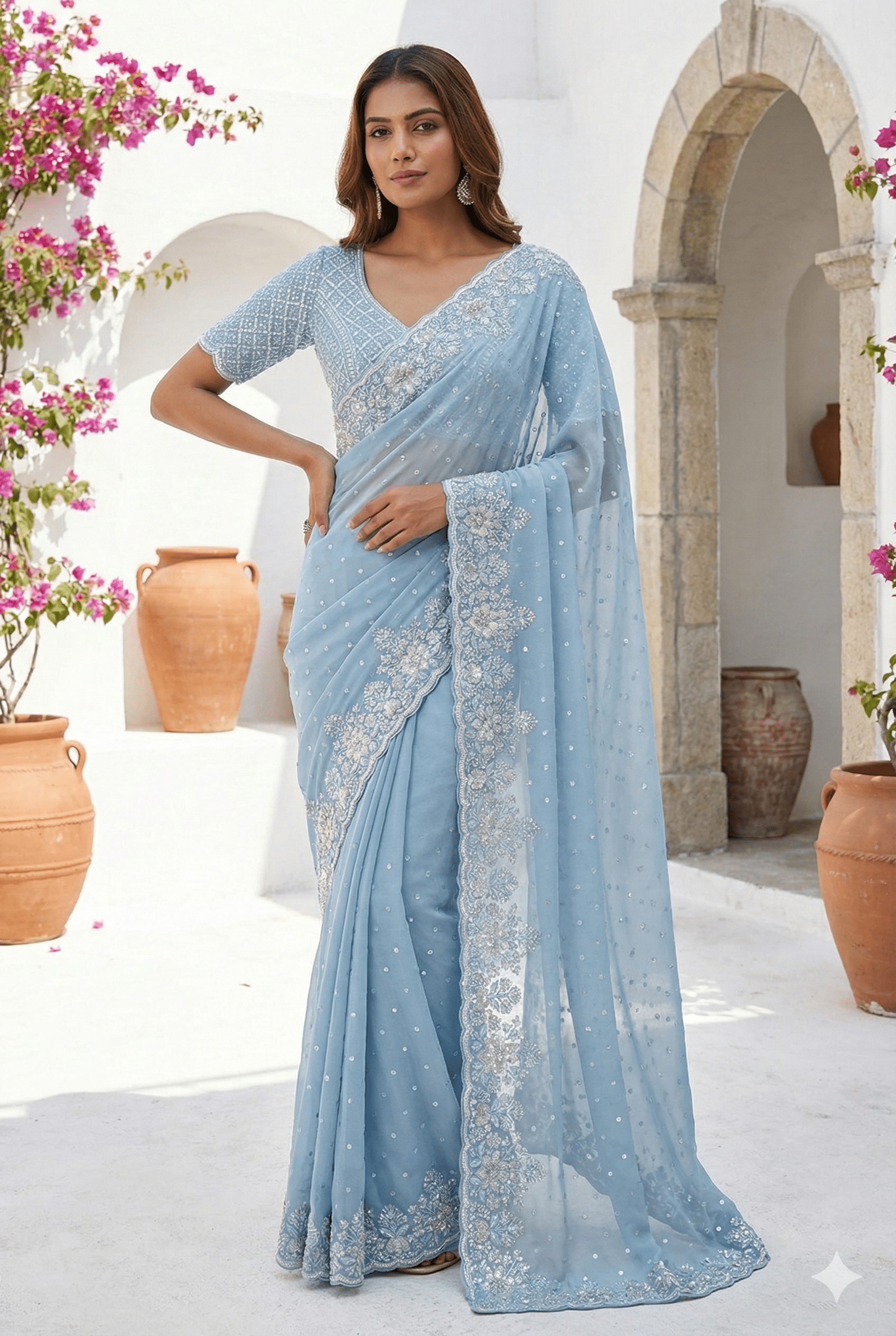 Azure Whisper Charm – Pastel Blue Embroidered Saree Set – Palkhi Fashion Houston