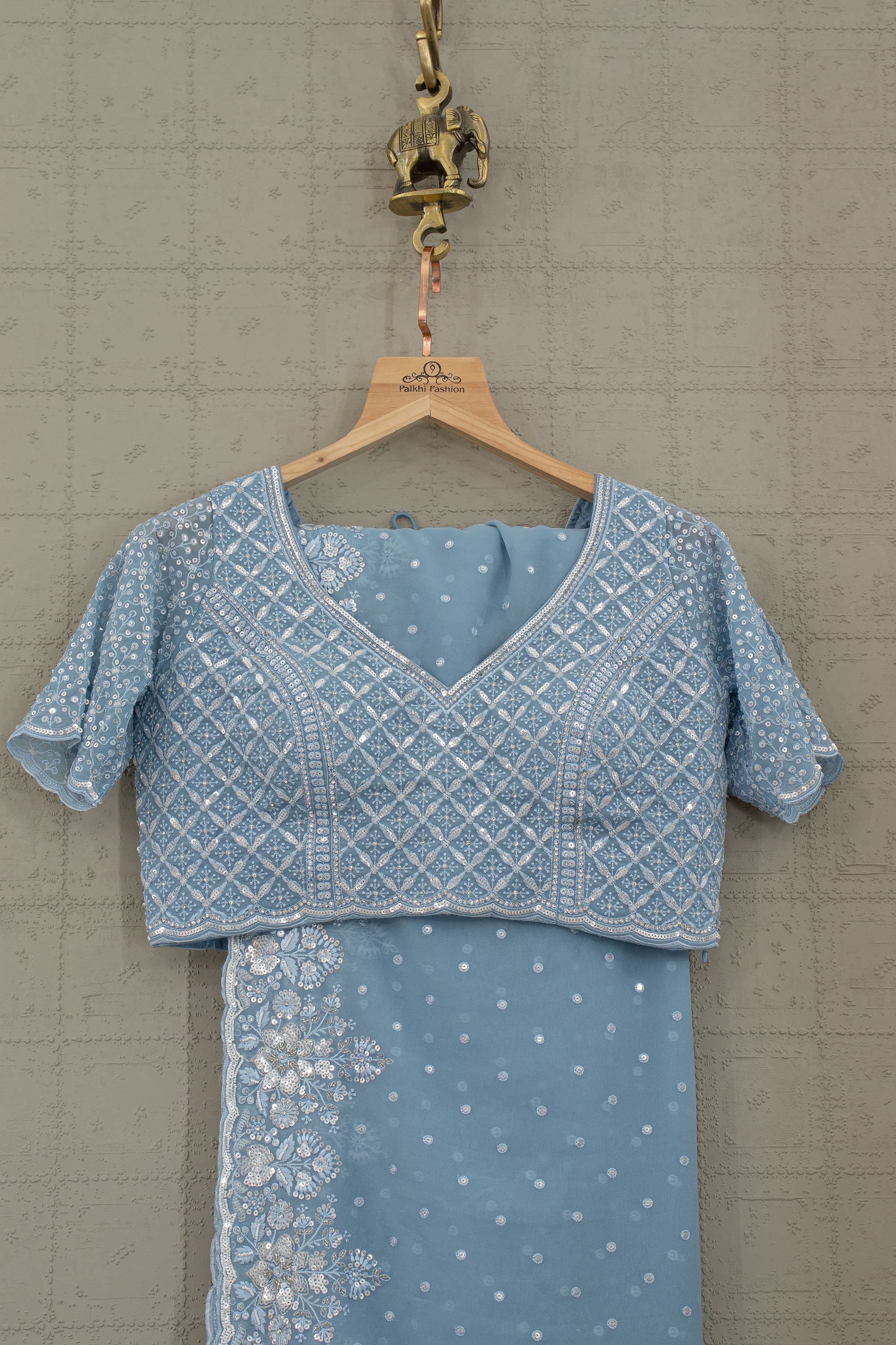 Azure Whisper Charm – Pastel Blue Embroidered Saree Set – Palkhi Fashion Houston