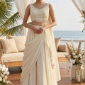 Beachside Aisle: Champagne Pre - Pleated Lehenga Choli with Beaded Blouse & Attached Dupatta – Palkhi Fashion