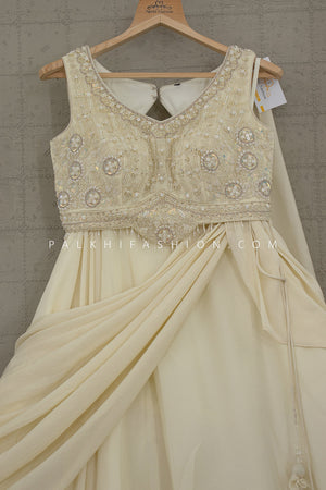 Beachside Aisle: Champagne Pre - Pleated Lehenga Choli with Beaded Blouse & Attached Dupatta – Palkhi Fashion