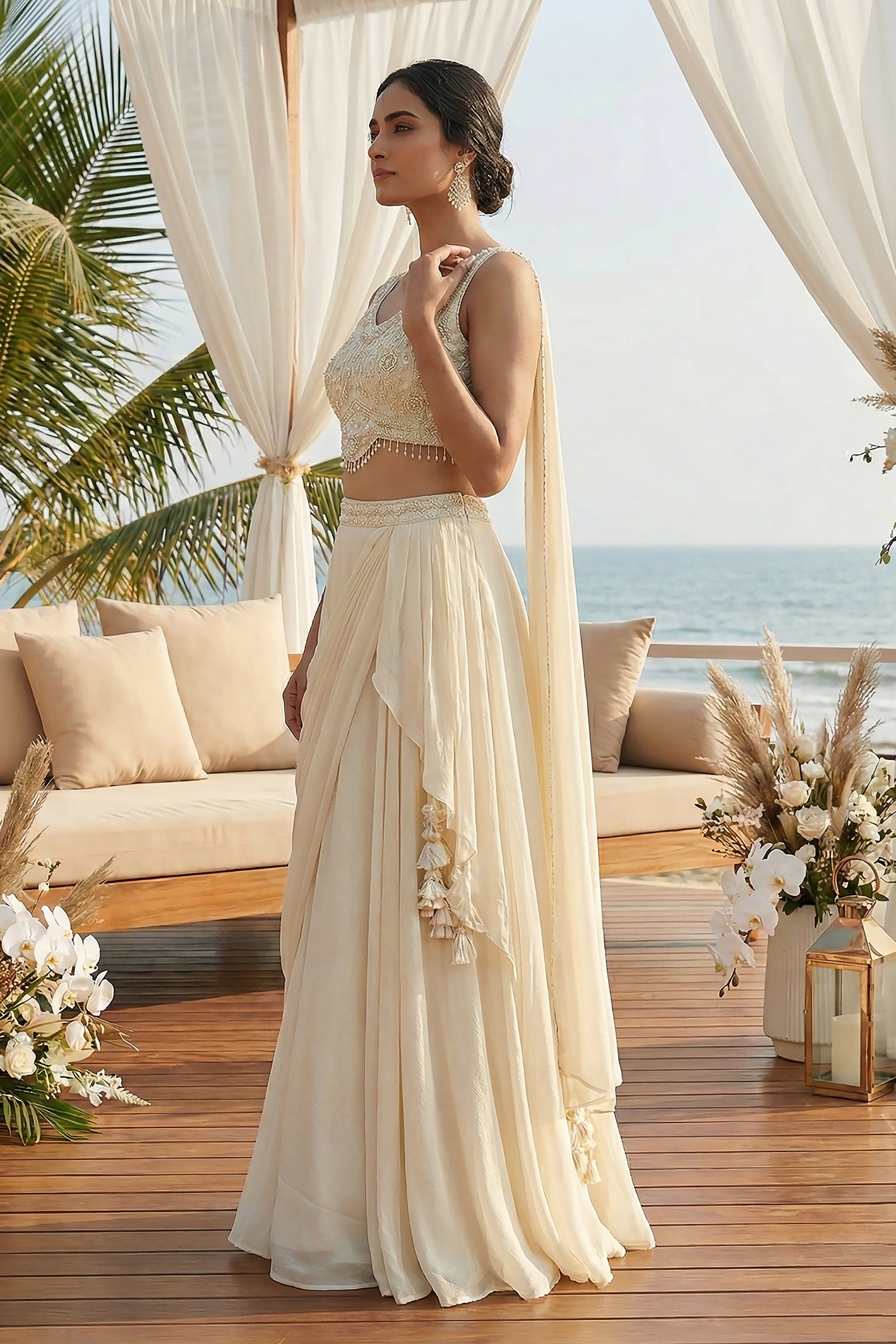 Beachside Aisle: Champagne Pre - Pleated Lehenga Choli with Beaded Blouse & Attached Dupatta – Palkhi Fashion