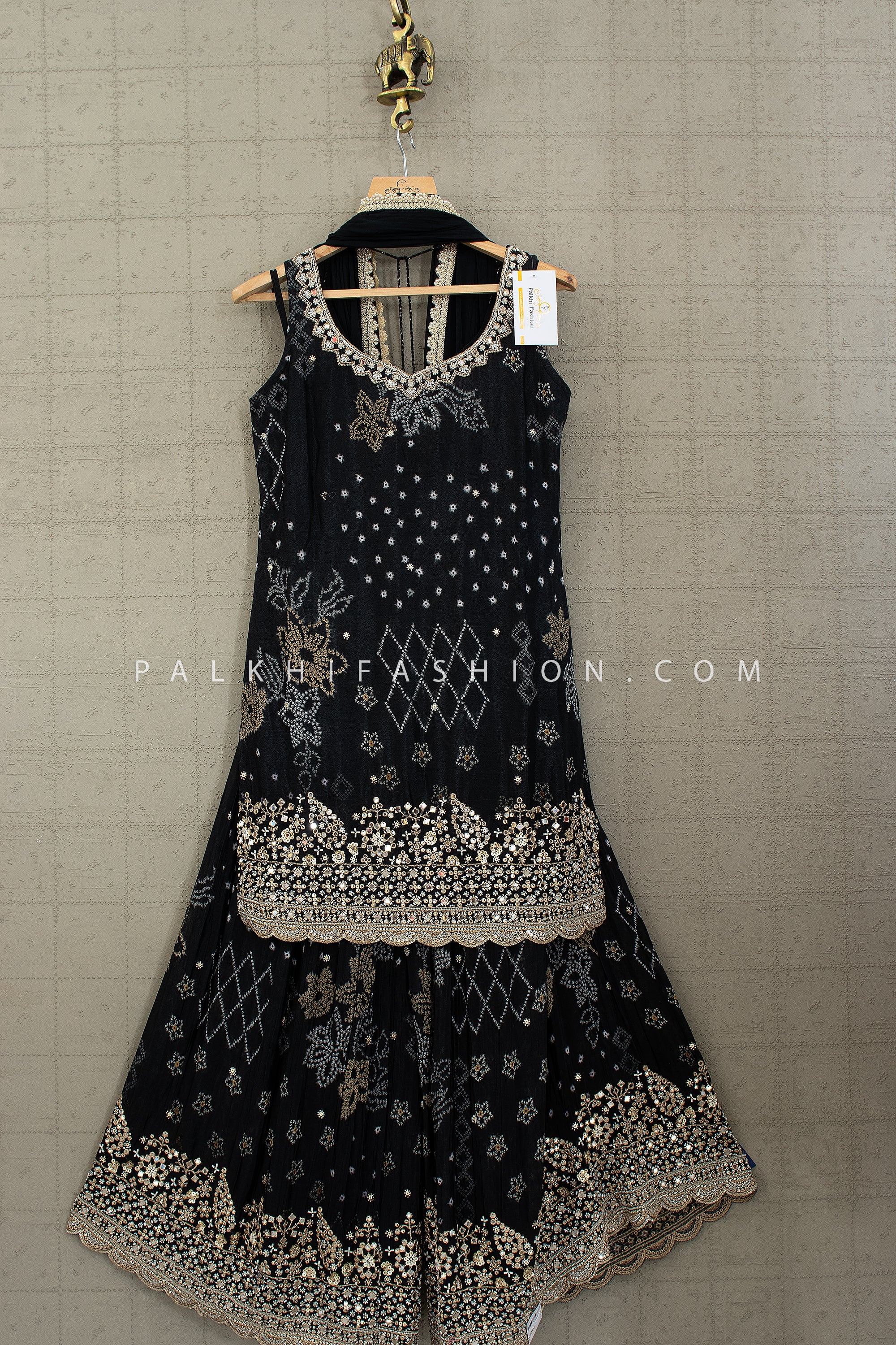 Black Bandhani Palazzo Suit with Hand - Embroidery & Beads – Palkhi Fashion Houston