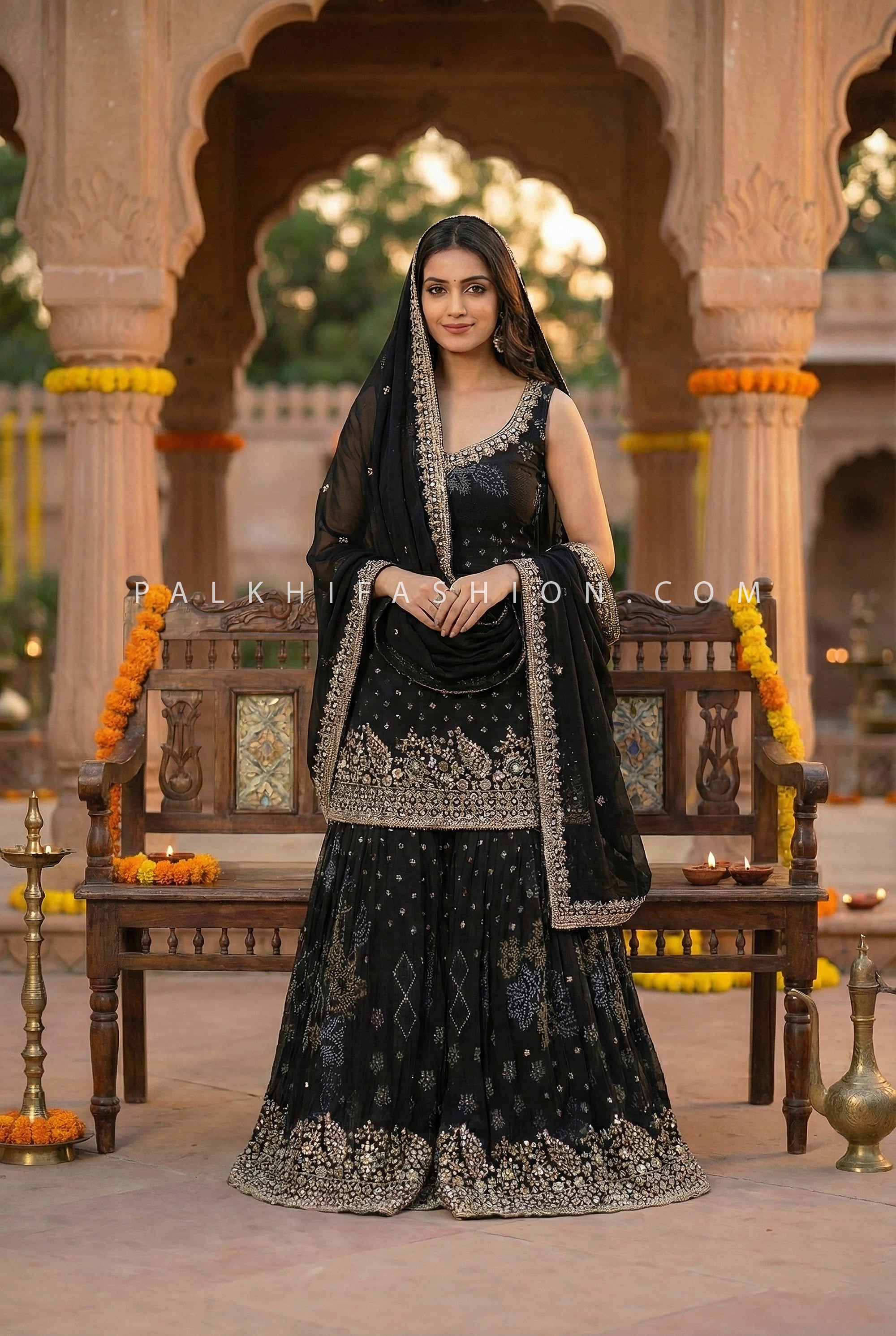 Black Bandhani Palazzo Suit with Hand - Embroidery & Beads – Palkhi Fashion Houston