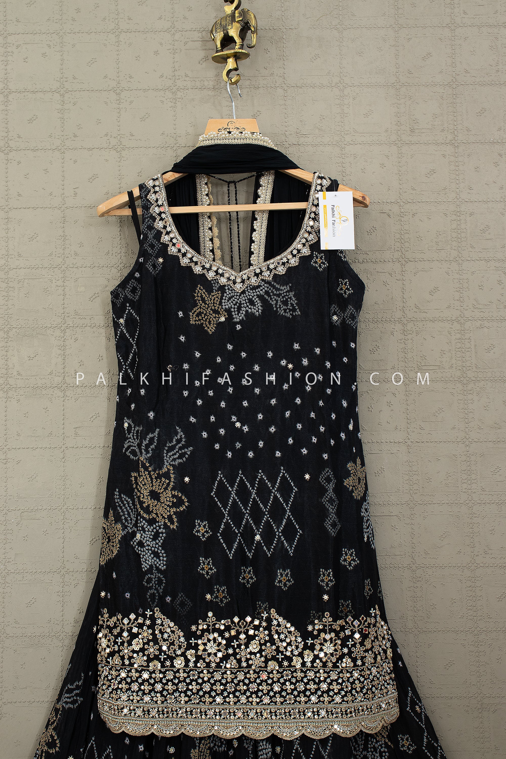 Black Bandhani Palazzo Suit with Hand - Embroidery & Beads – Palkhi Fashion Houston