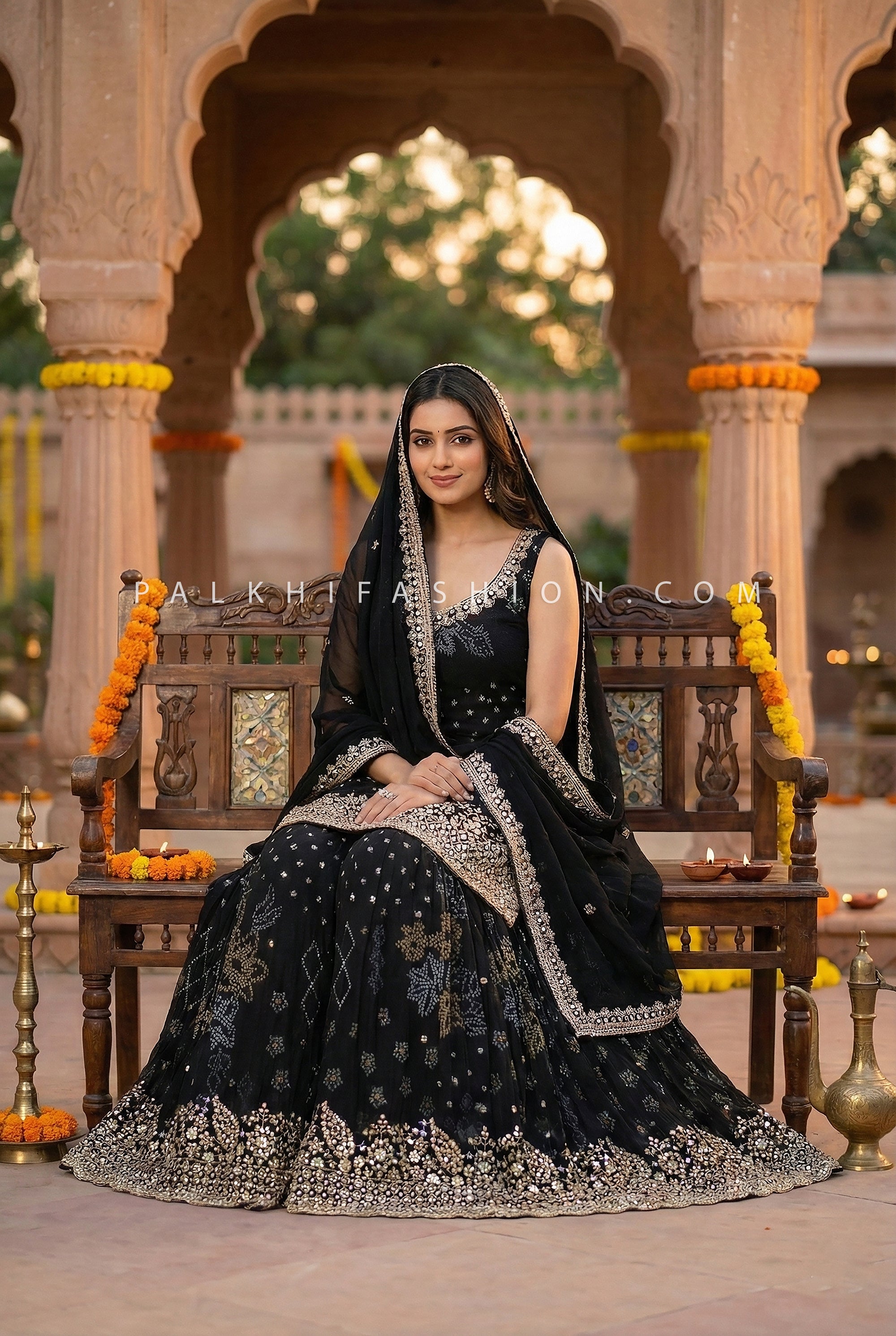 Black Bandhani Palazzo Suit with Hand - Embroidery & Beads – Palkhi Fashion Houston