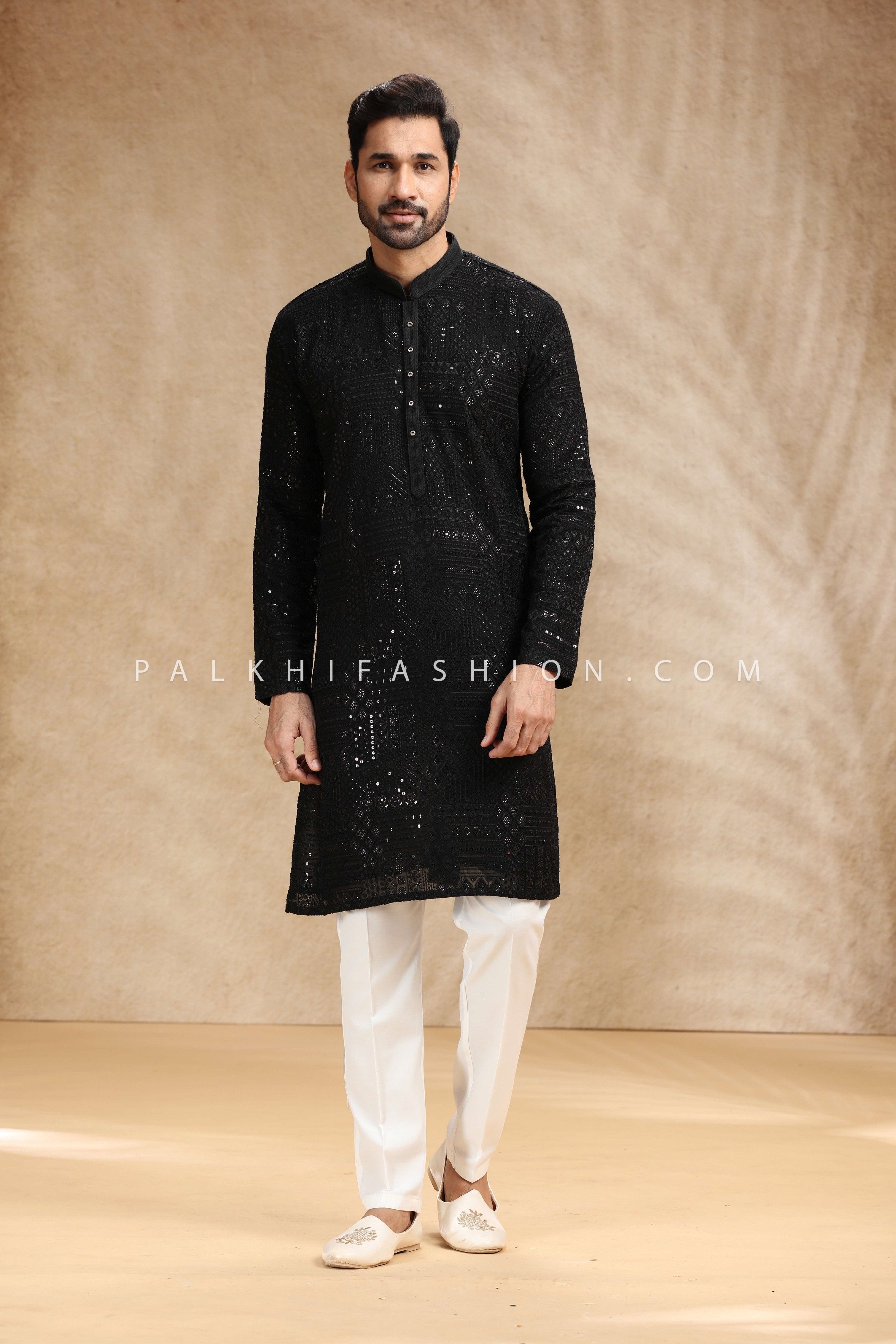 Black Men’s Kurta Set | All - Over Chikankari & Subtle Sequin Pattern – Palkhi Fashion