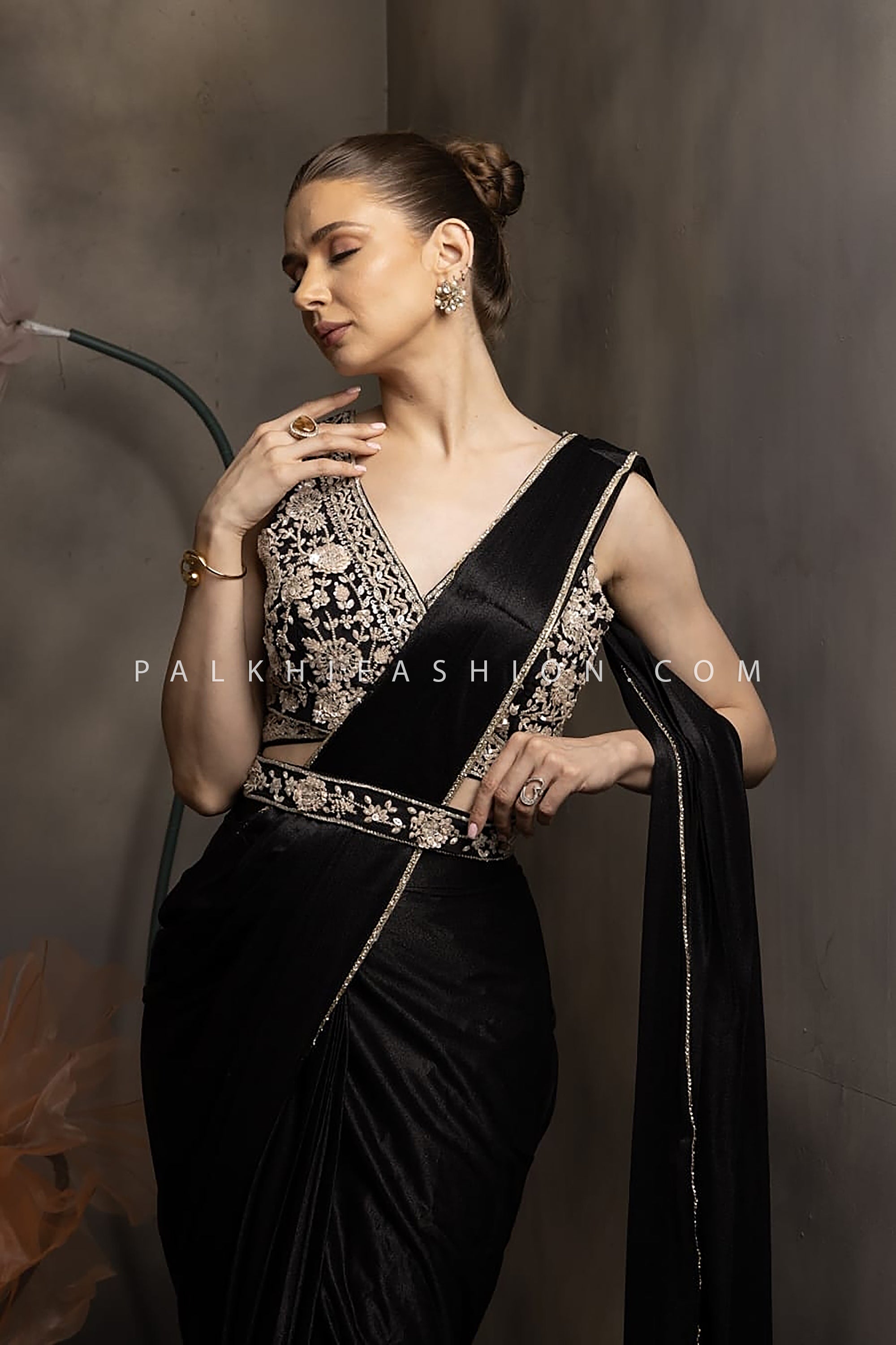 🖤Black Mirage: Black Ready to Wear Saree with Handwork Blouse – Palkhi Fashion
