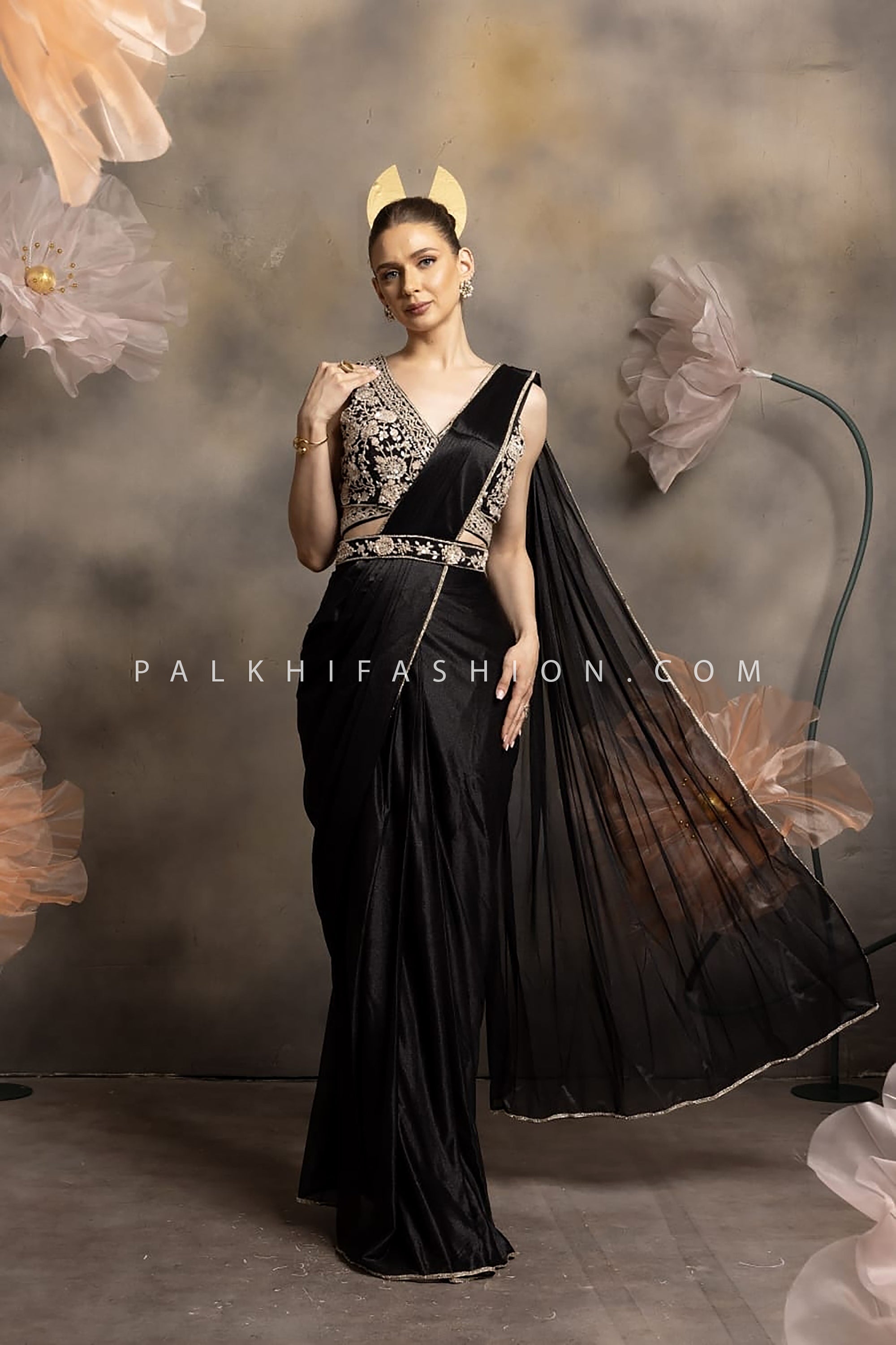 🖤Black Mirage: Black Ready to Wear Saree with Handwork Blouse – Palkhi Fashion