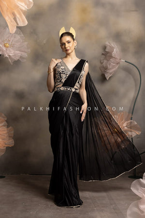 🖤Black Mirage: Black Ready to Wear Saree with Handwork Blouse – Palkhi Fashion
