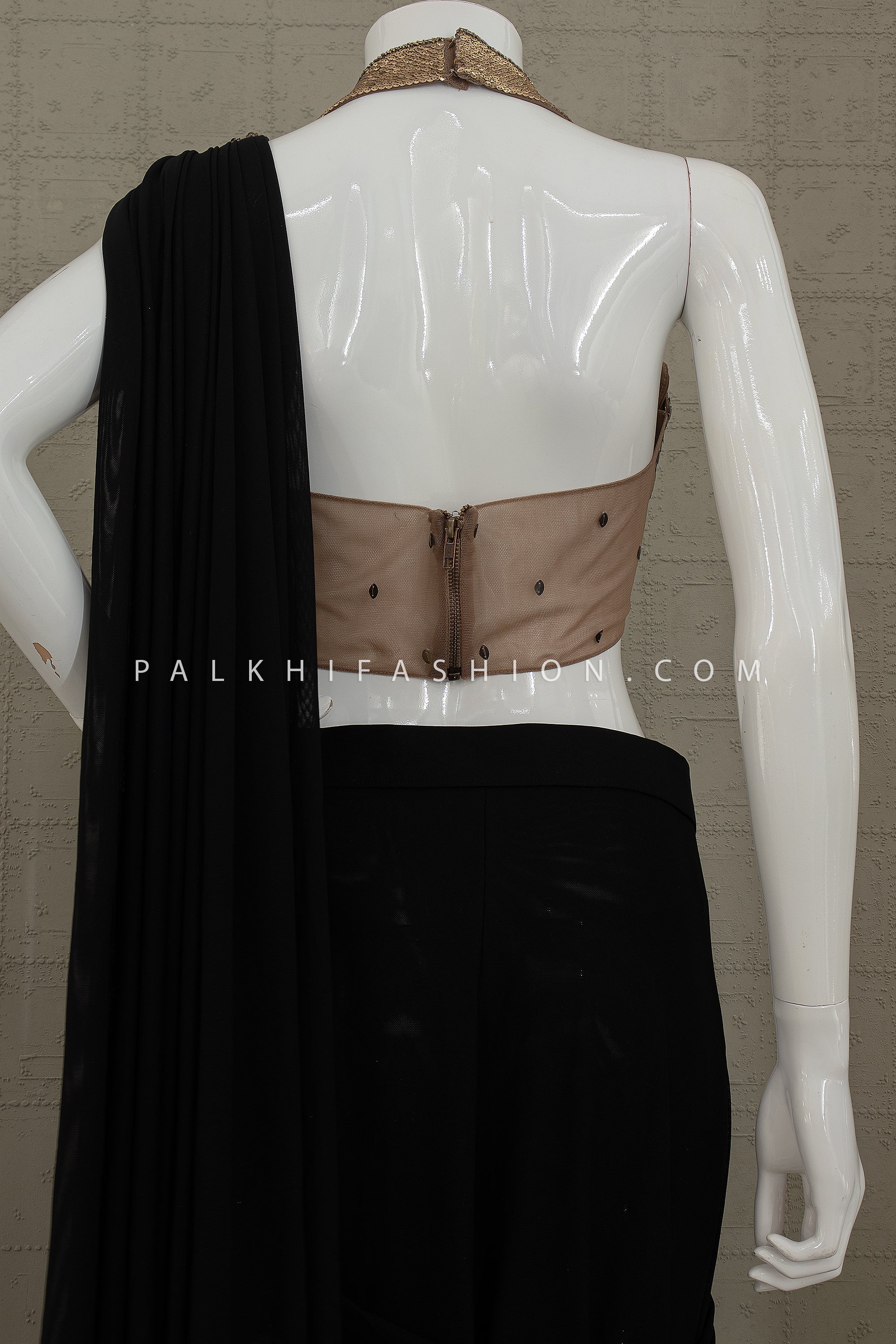 Black Pre - Draped Designer Saree with Metallic Gold Halter Blouse – Palkhi Fashion