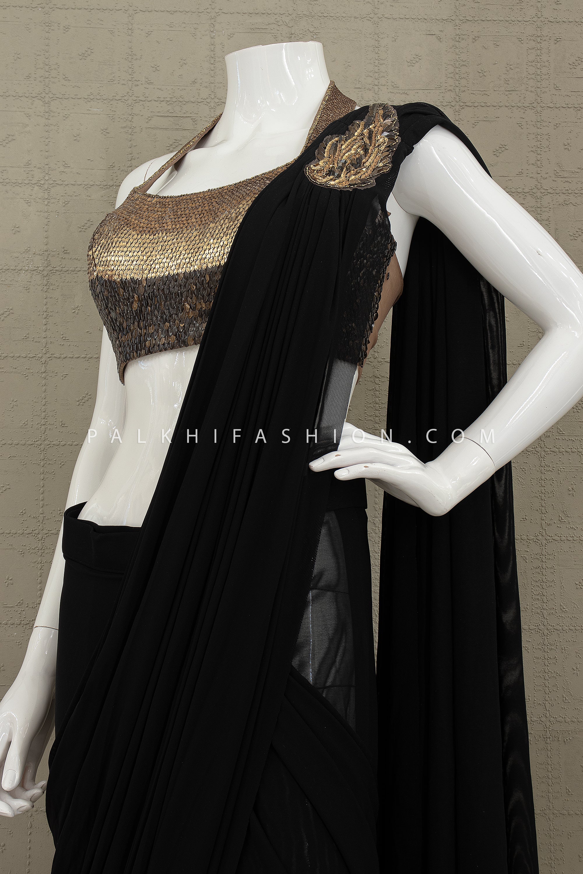 Black Pre - Draped Designer Saree with Metallic Gold Halter Blouse – Palkhi Fashion