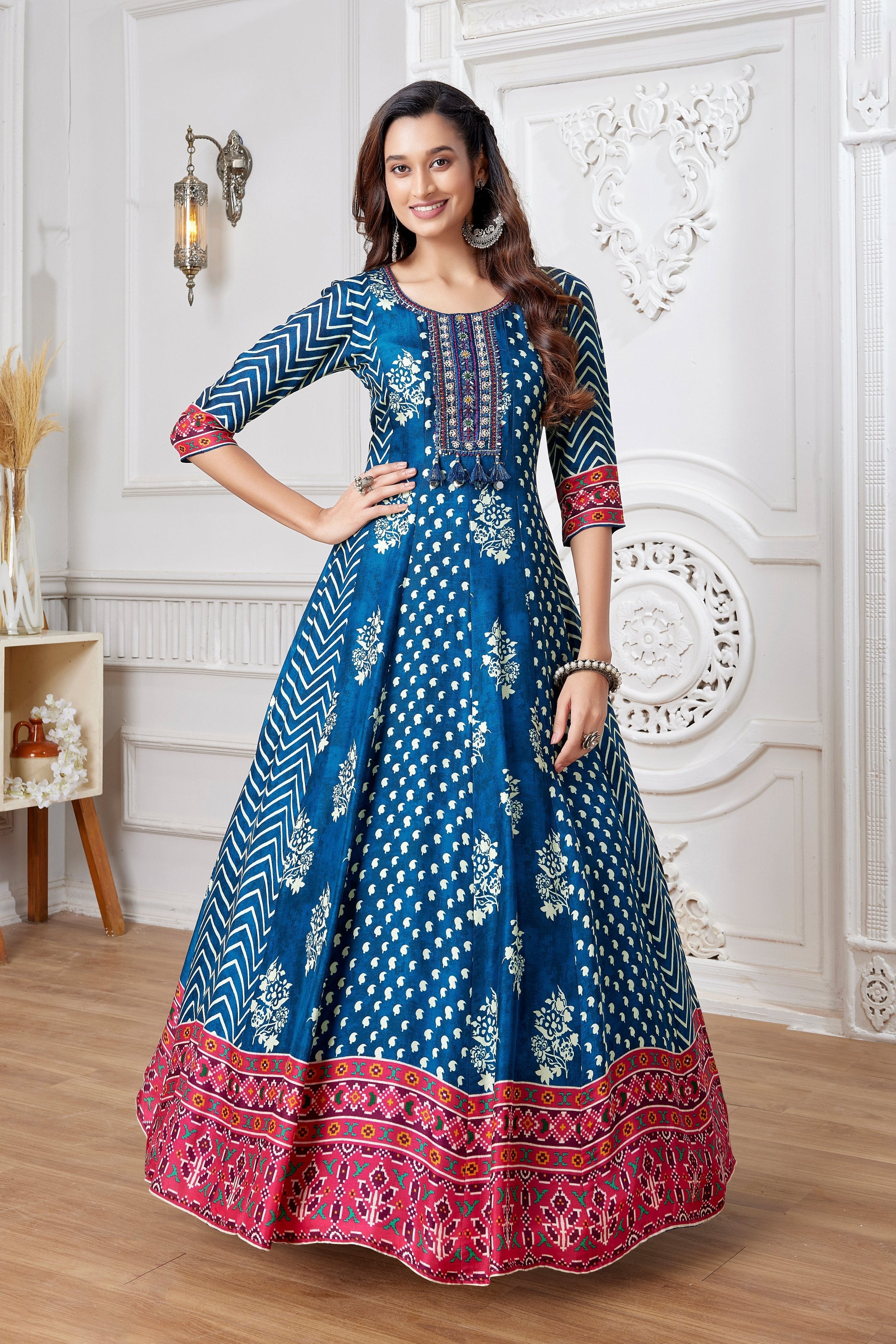 Blue Indian Outfit with Handblocked Ikat & Ajarakh – Palkhi Fashion