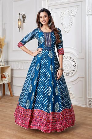 Blue Indian Outfit with Handblocked Ikat & Ajarakh – Palkhi Fashion