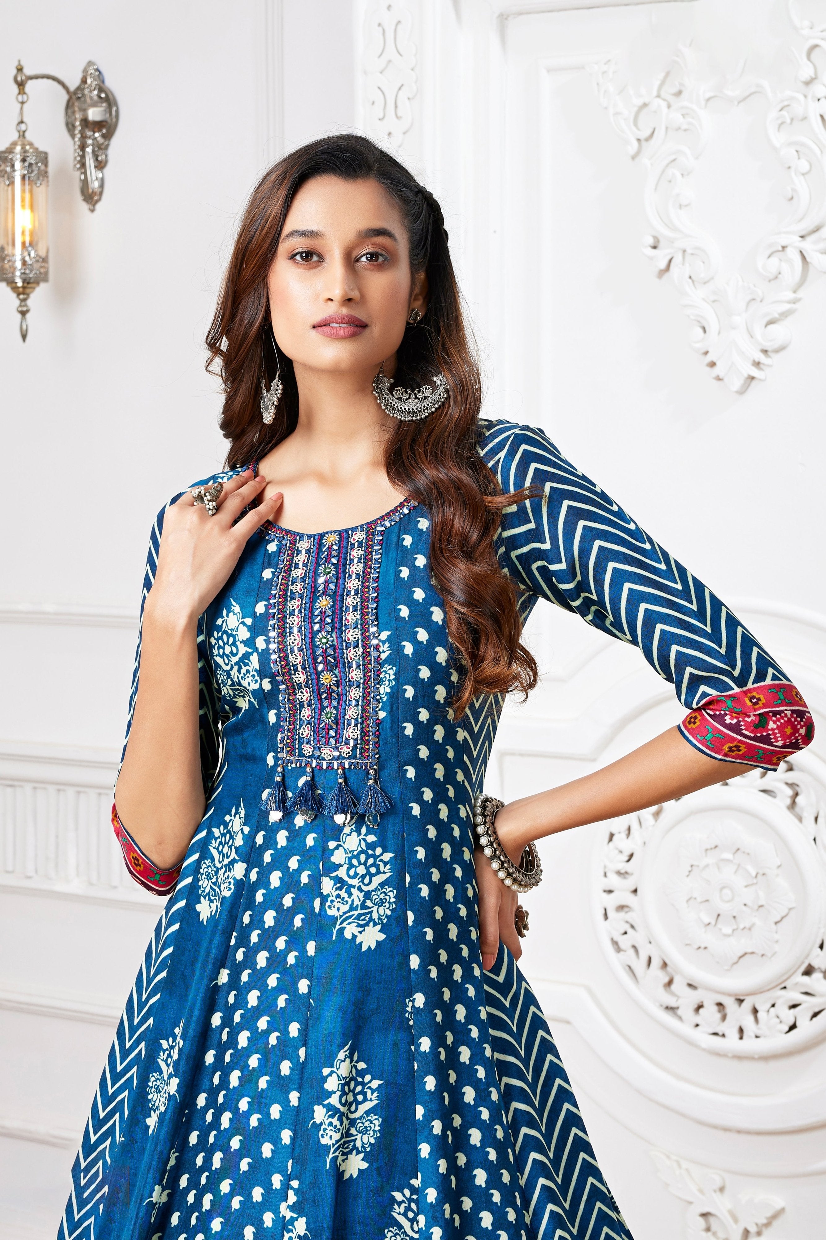 Blue Indian Outfit with Handblocked Ikat & Ajarakh – Palkhi Fashion