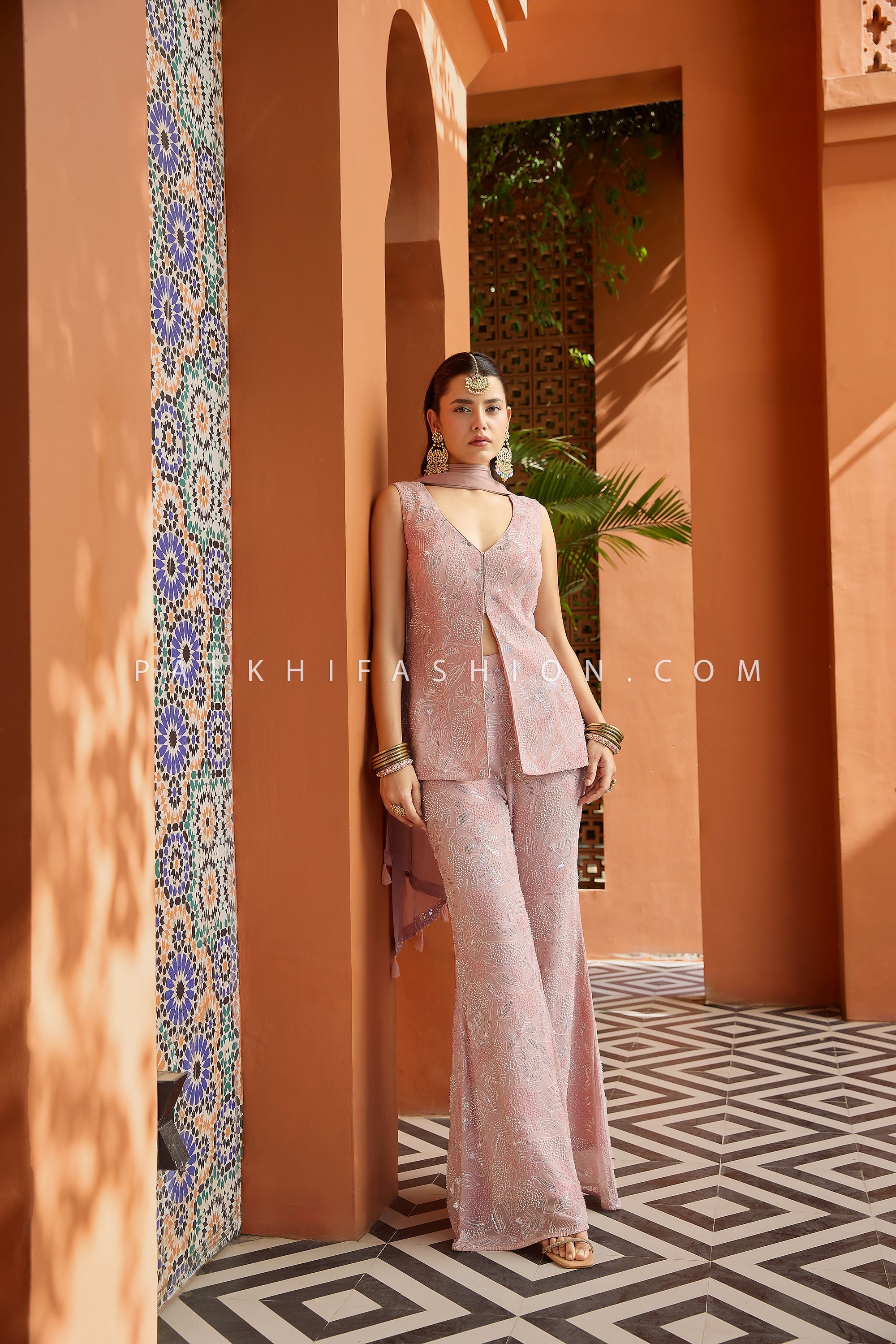 Blush Aura: Hand - Embroidered Palazzo Set in Dusty Rose Pink – Palkhi Fashion