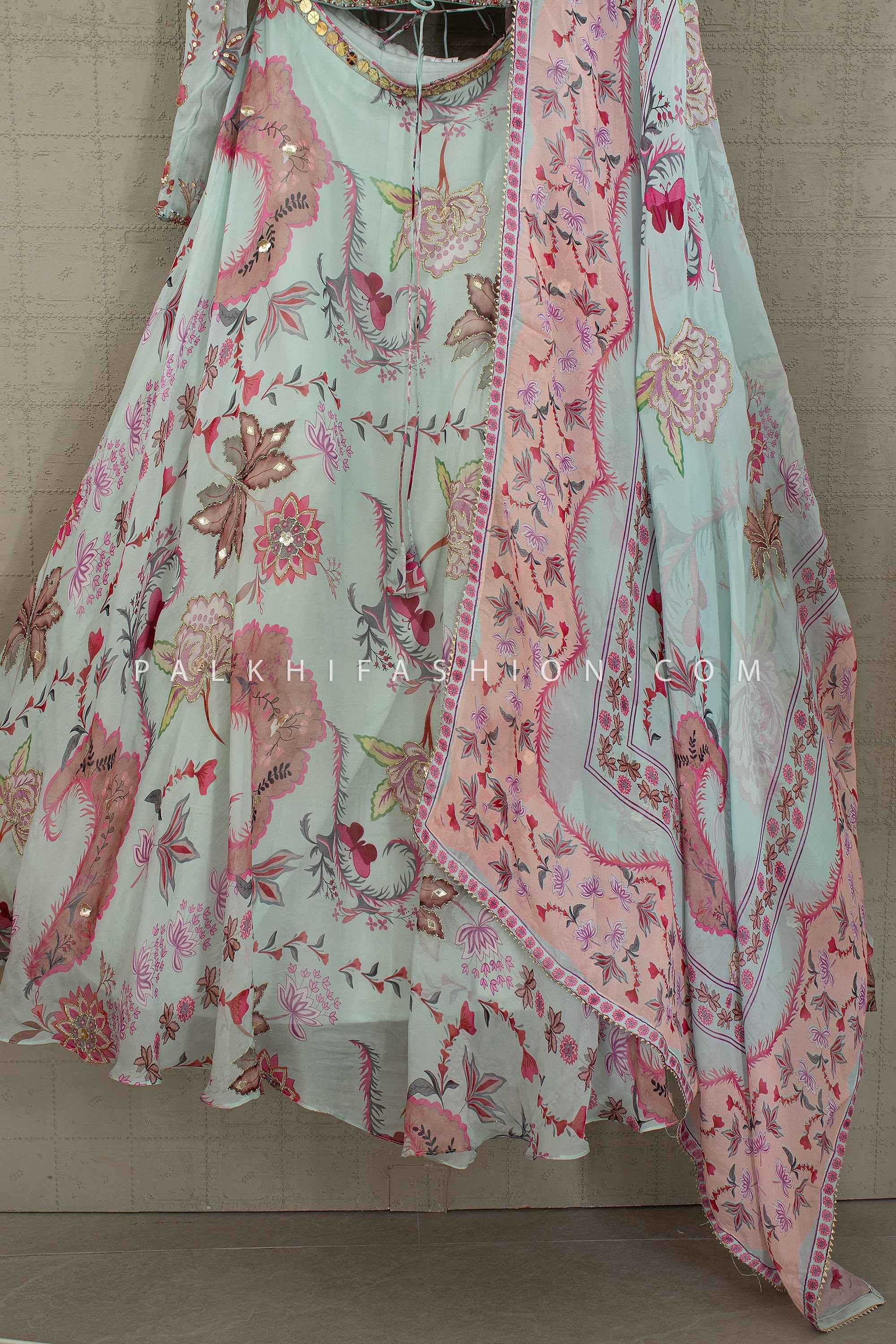 Blush Garden —Powder Blue Handwork Designer Lehenga Choli | Palkhi Fashion