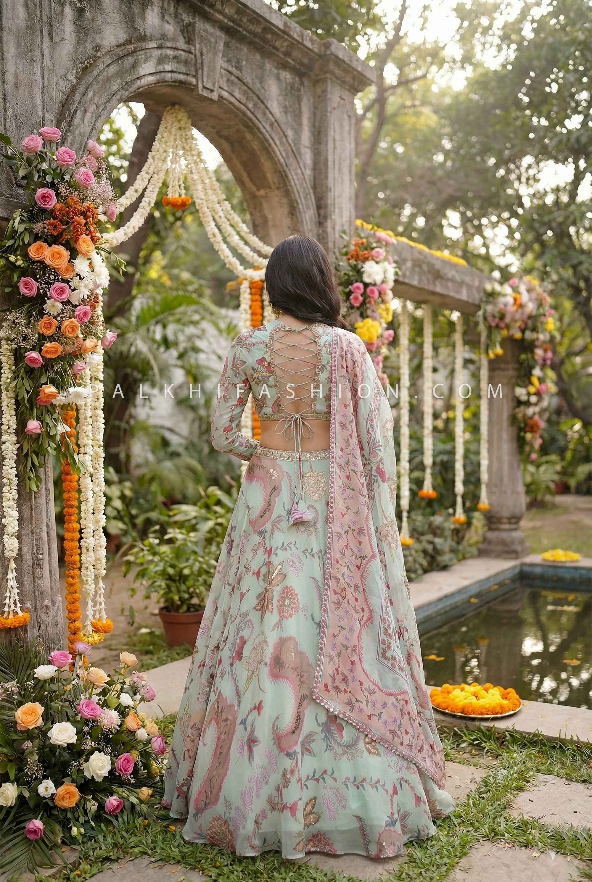 Blush Garden —Powder Blue Handwork Designer Lehenga Choli | Palkhi Fashion