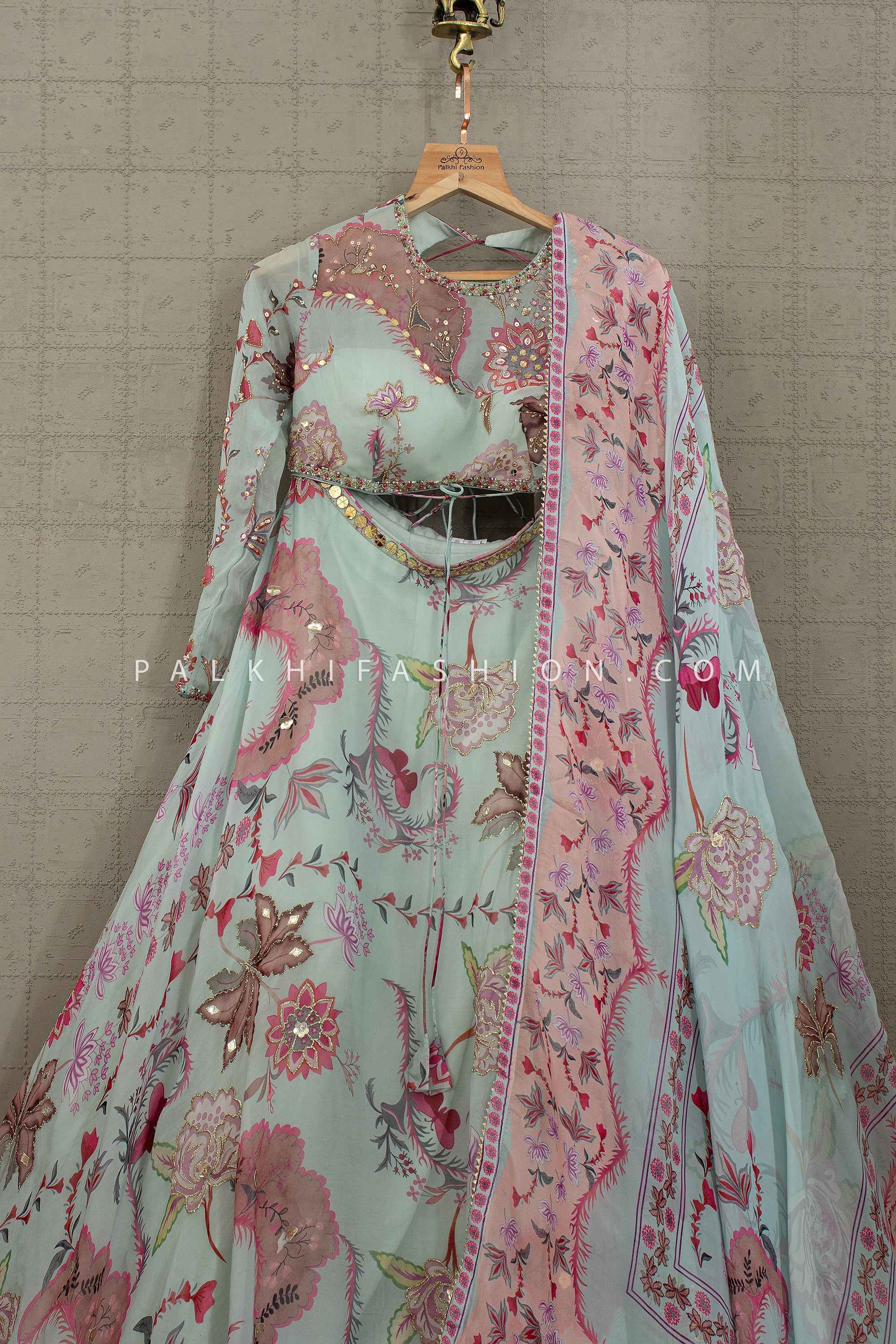 Blush Garden —Powder Blue Handwork Designer Lehenga Choli | Palkhi Fashion