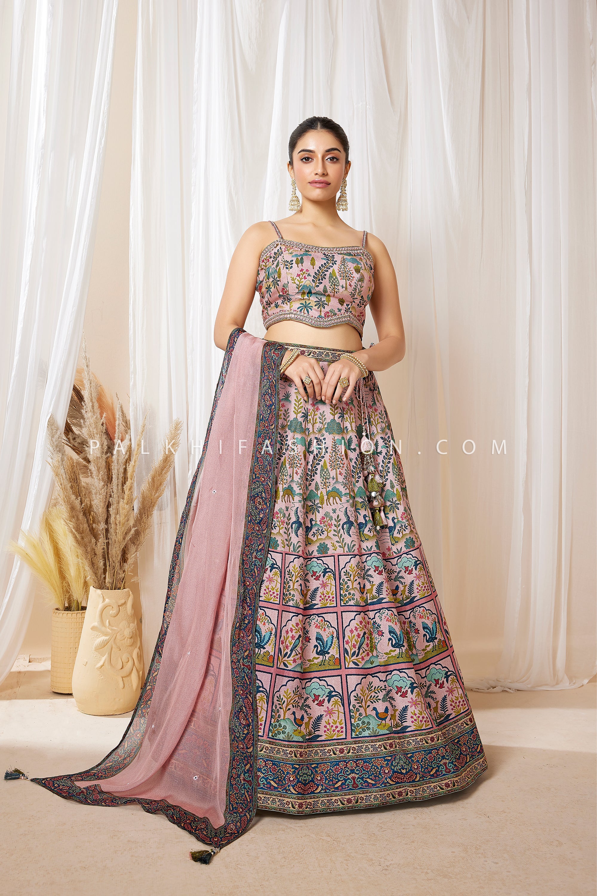Blush Garden Reverie: Soft Pink Mughal Floral & Bird Print Lehenga Set – Palkhi Fashion