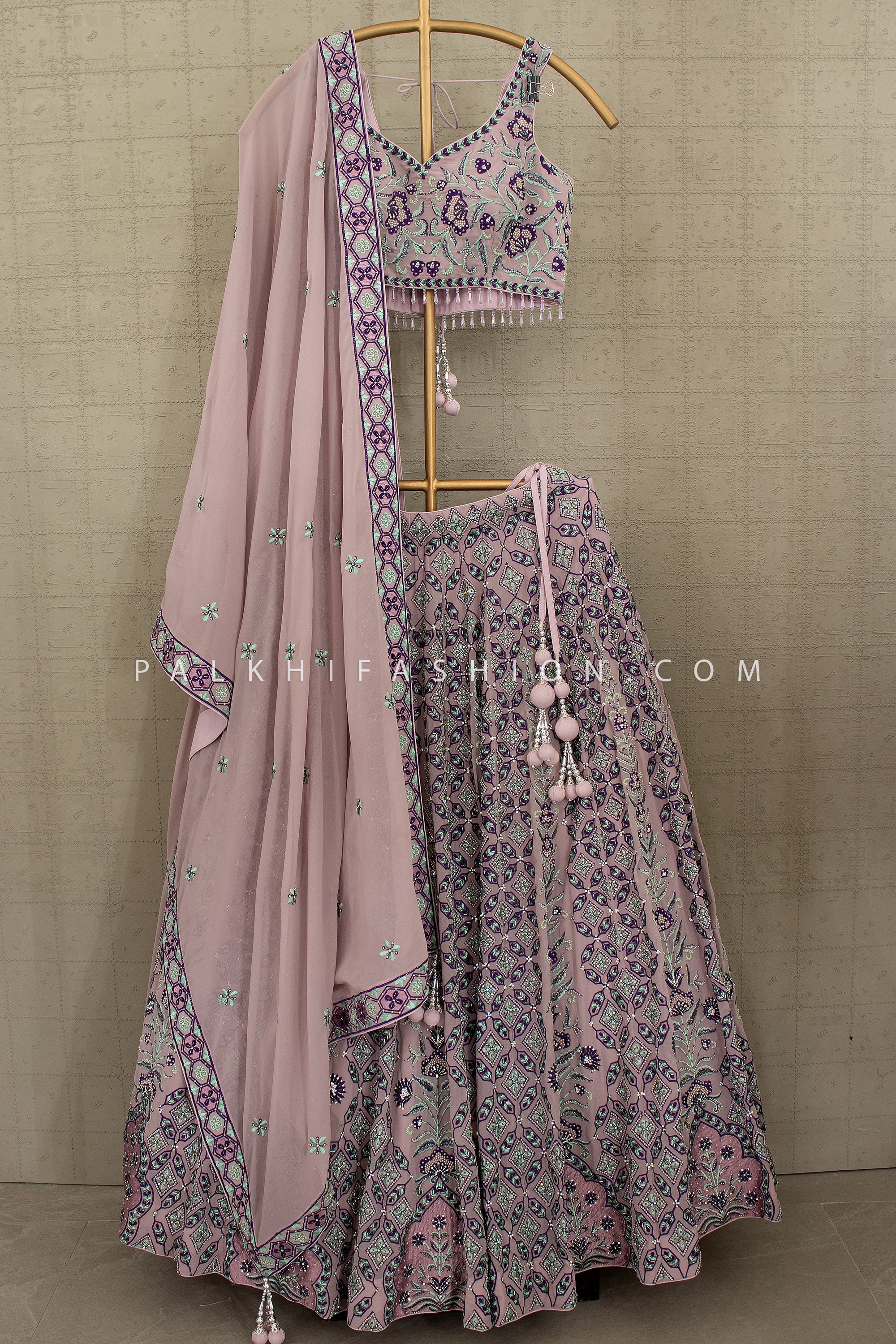 Blush Lilac Bloom: Designer Georgette Lehenga Choli Handwork – Palkhi Fashion