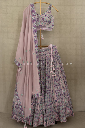 Blush Lilac Bloom: Designer Georgette Lehenga Choli Handwork – Palkhi Fashion