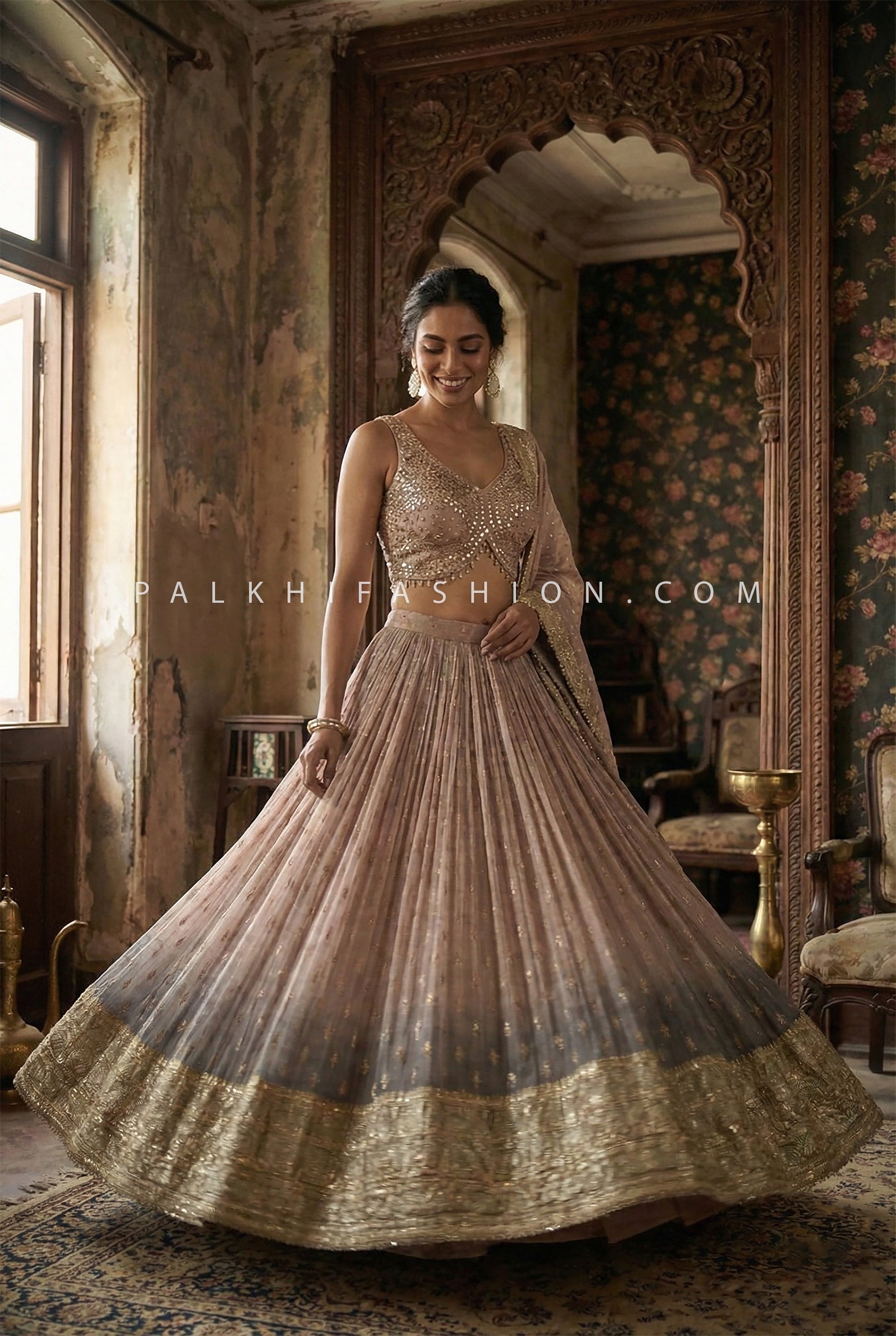 Blush Mauve with Smoky Grey Ombre Lehenga Choli Embellished Contemporary Blouse