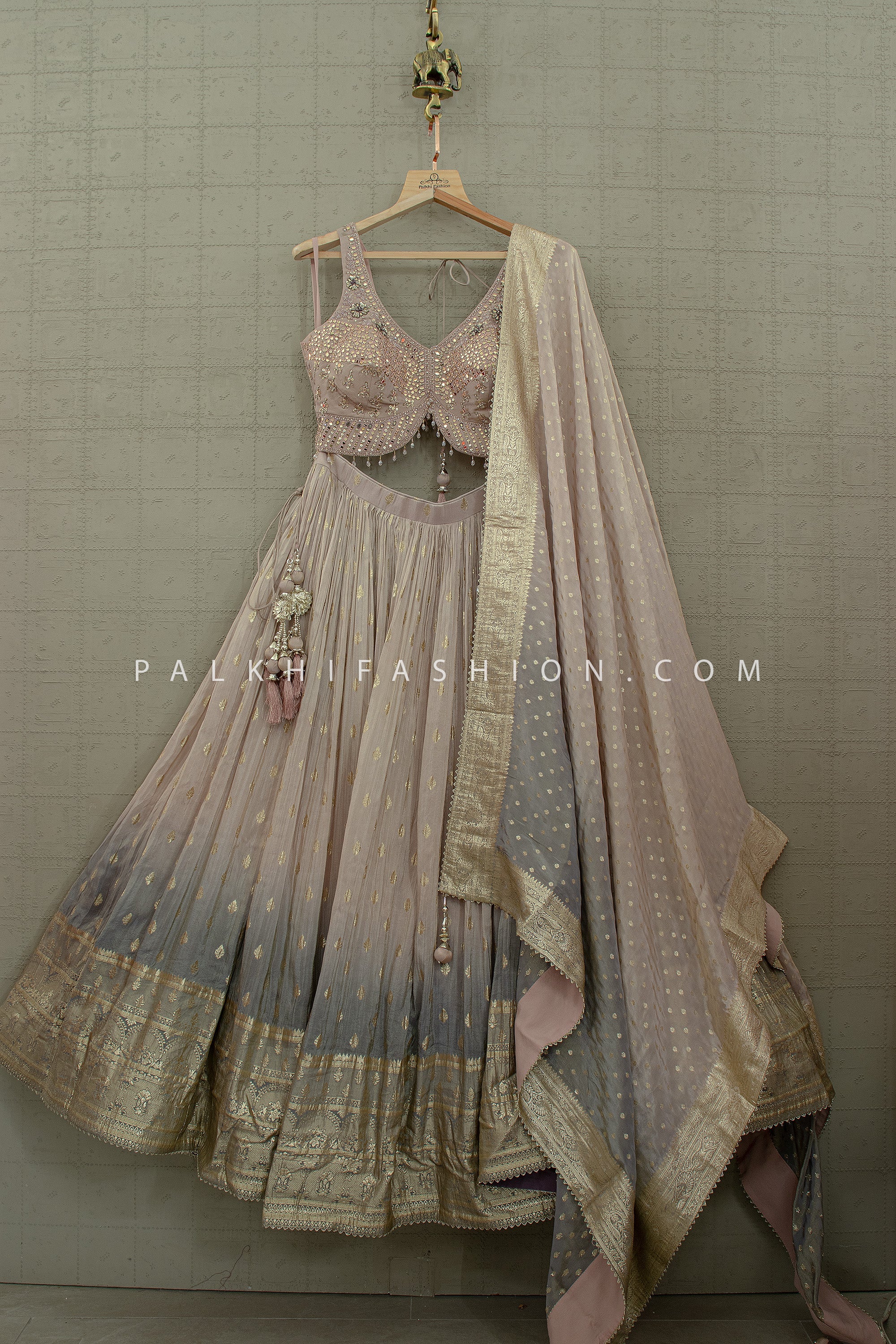 Blush Mauve with Smoky Grey Ombre Lehenga Choli Embellished Contemporary Blouse