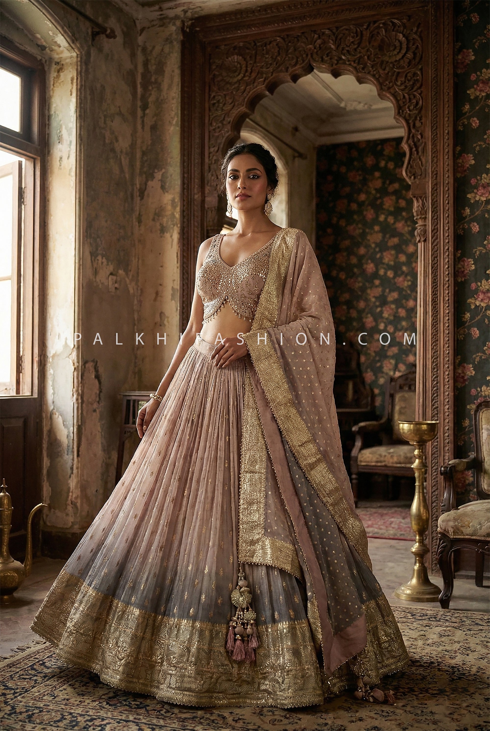 Blush Mauve with Smoky Grey Ombre Lehenga Choli Embellished Contemporary Blouse
