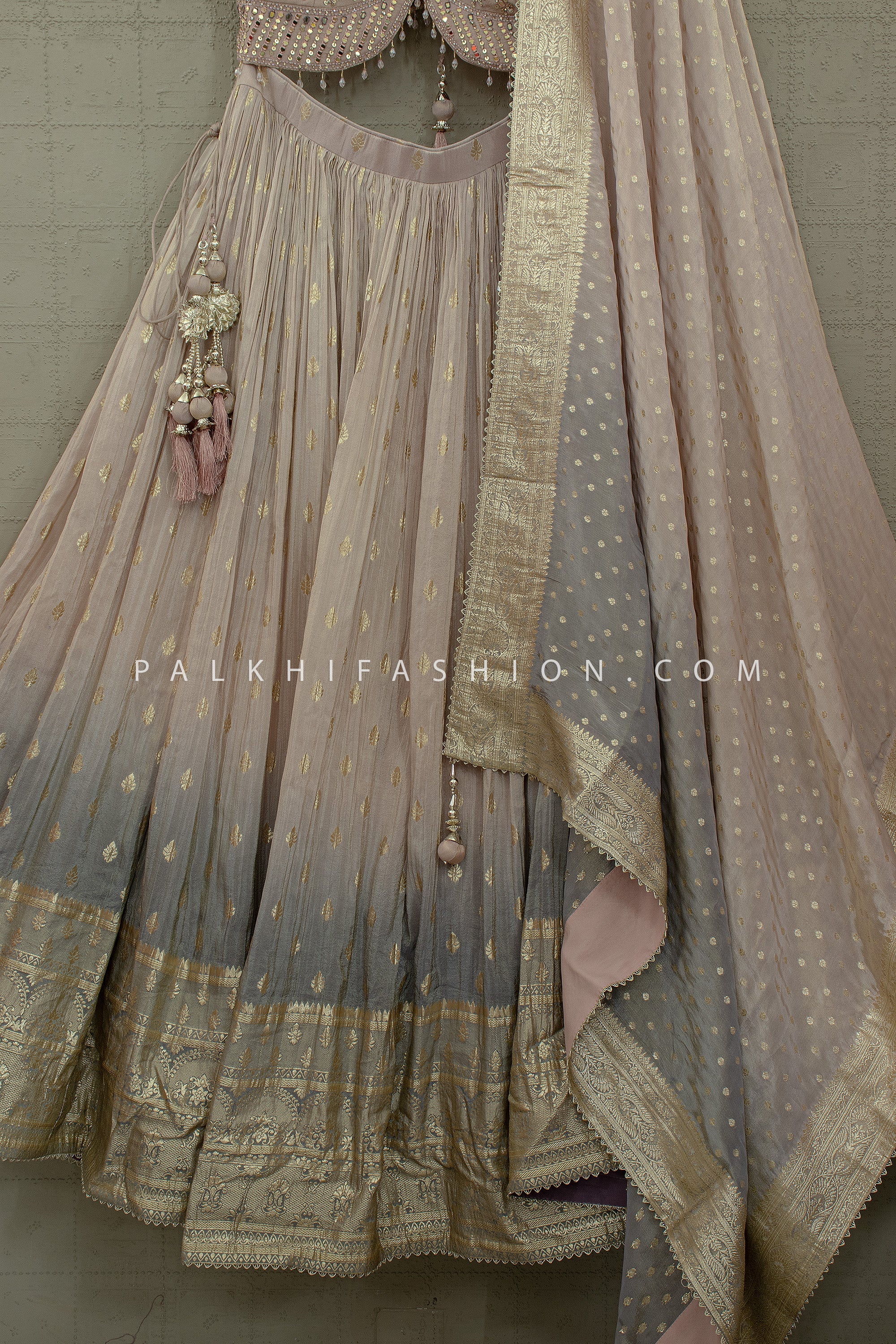 Blush Mauve with Smoky Grey Ombre Lehenga Choli Embellished Contemporary Blouse