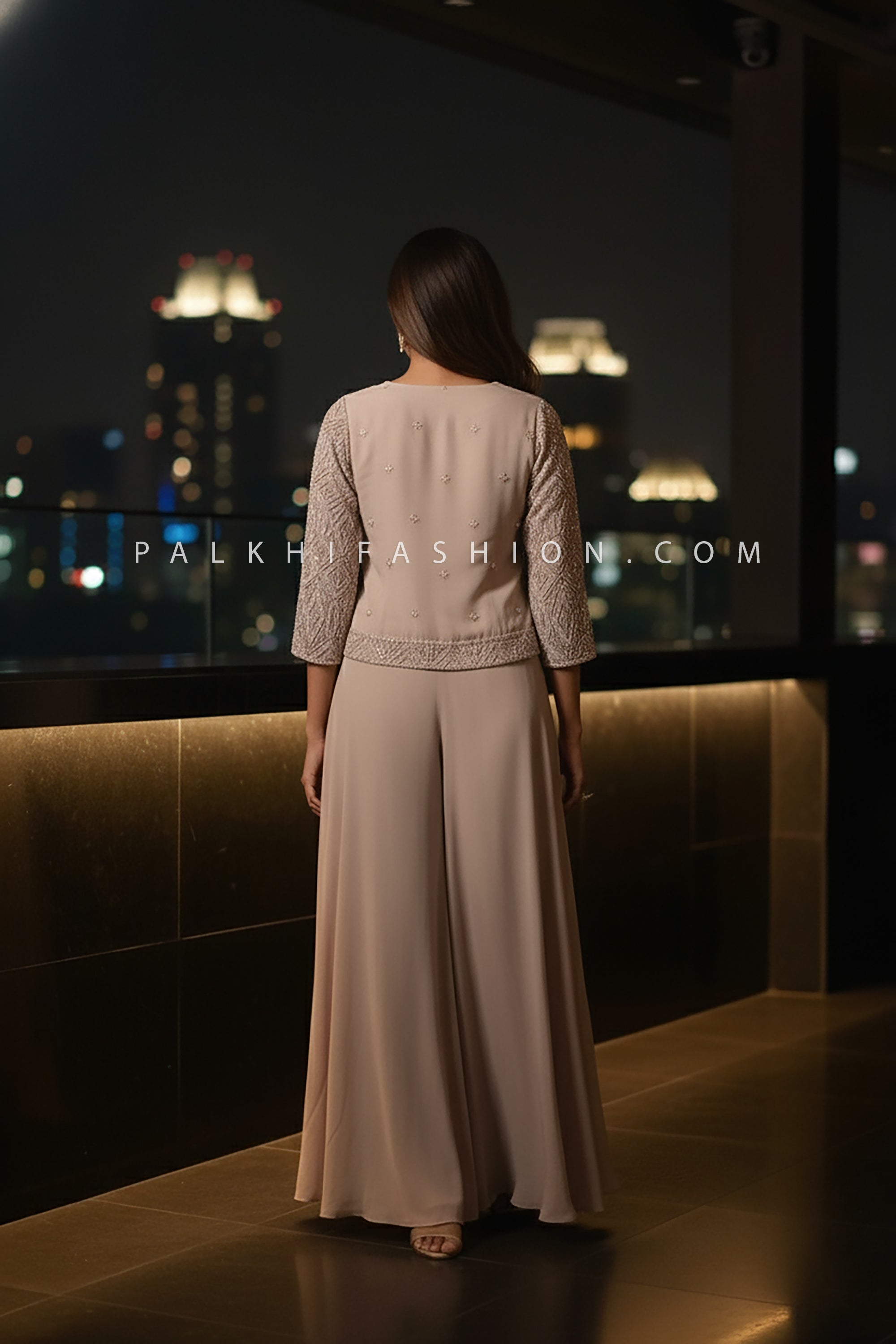 Blush Mirage: Hand - Embroidered Jacket Palazzo Set – Palkhi Fashion